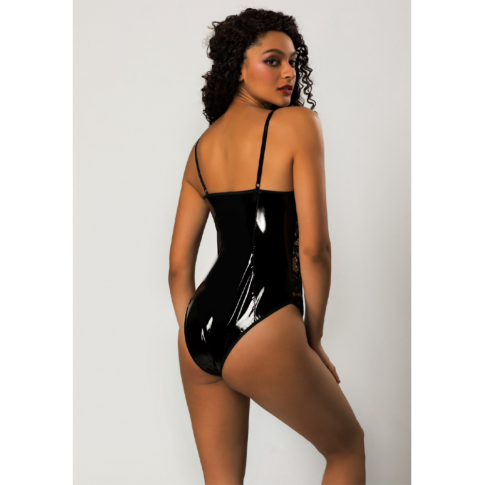 JSY Wet Look & Lace Crochet Bodysuit - Sexy Lingerie for Women, Evening Parties & Date Nights
