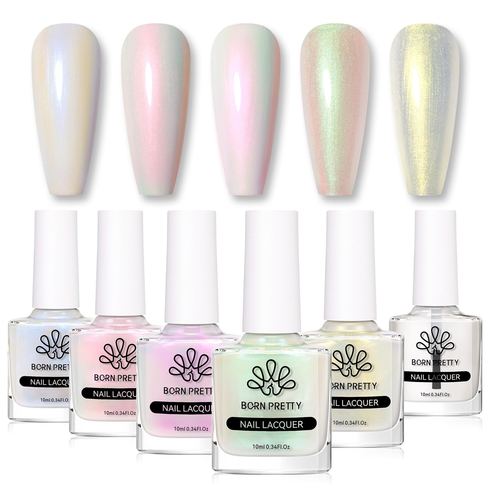 Born Pretty Pearl Nail Polish Set - 5 Colors Transparent Shell Glimmer Shimmer Sheer Jelly Nail Varnish with Base & Top Coat | Manicure, Nail Art, French Tips, Pedicure, Salon & Home Use