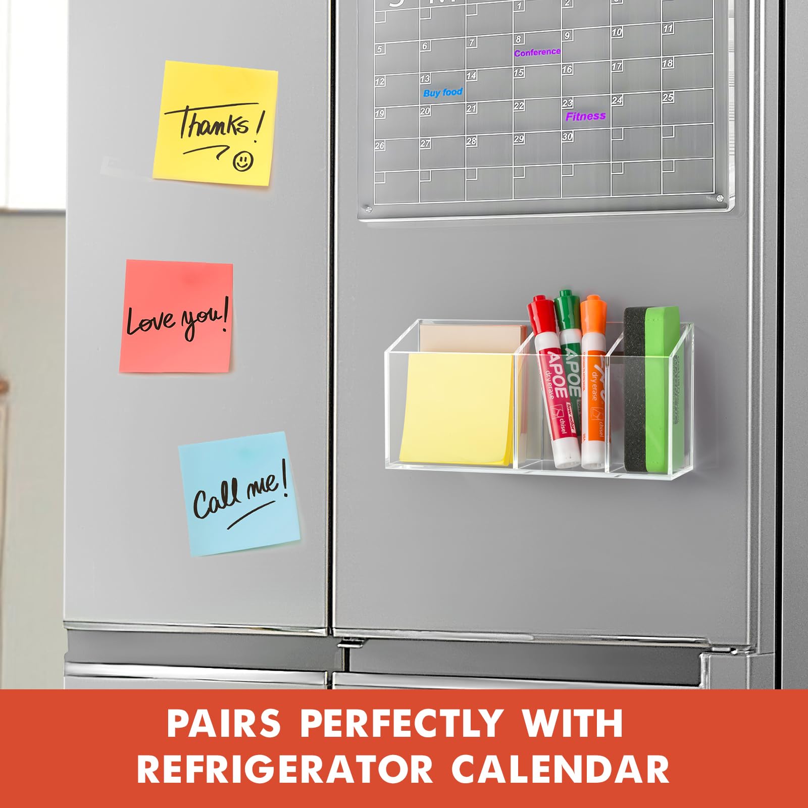 Magnetic Dry Erase Marker Holder - Acrylic Whiteboard & Refrigerator Organizer with Strong Magnet for Office, Classroom, Home - Perfect for Whiteboard Markers, Pens, Notes on Fridge, Locker & Metal Surfaces