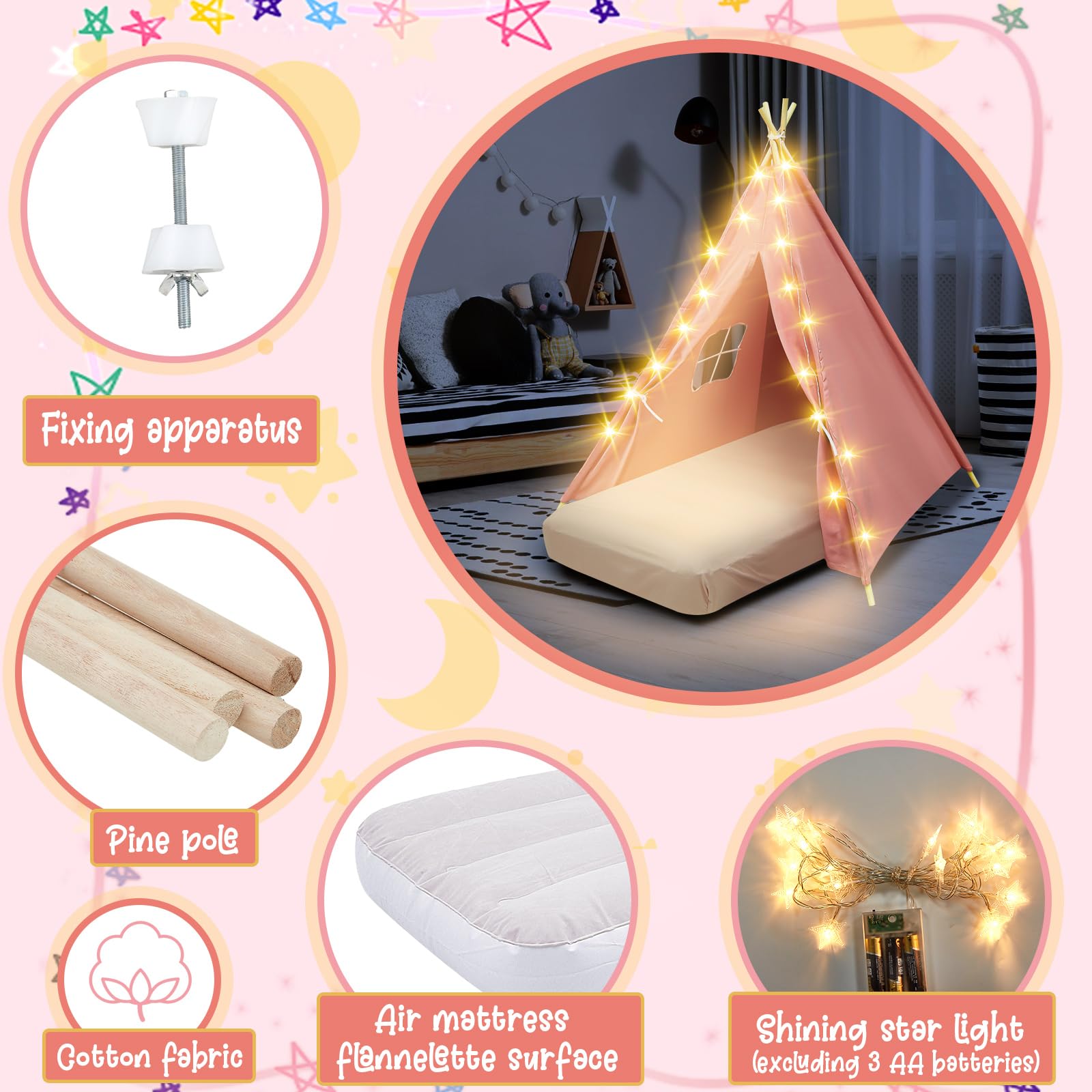 4 Pack Kids Teepee Tent for Sleepovers - Includes Mattress, Fitted Sheet & Fairy Lights | Washable Cotton Play Tent for Girls Birthday Parties, Movie Nights & Indoor Camping (Pink) - Perfect for Sleepovers, Playdates & Imaginative Play