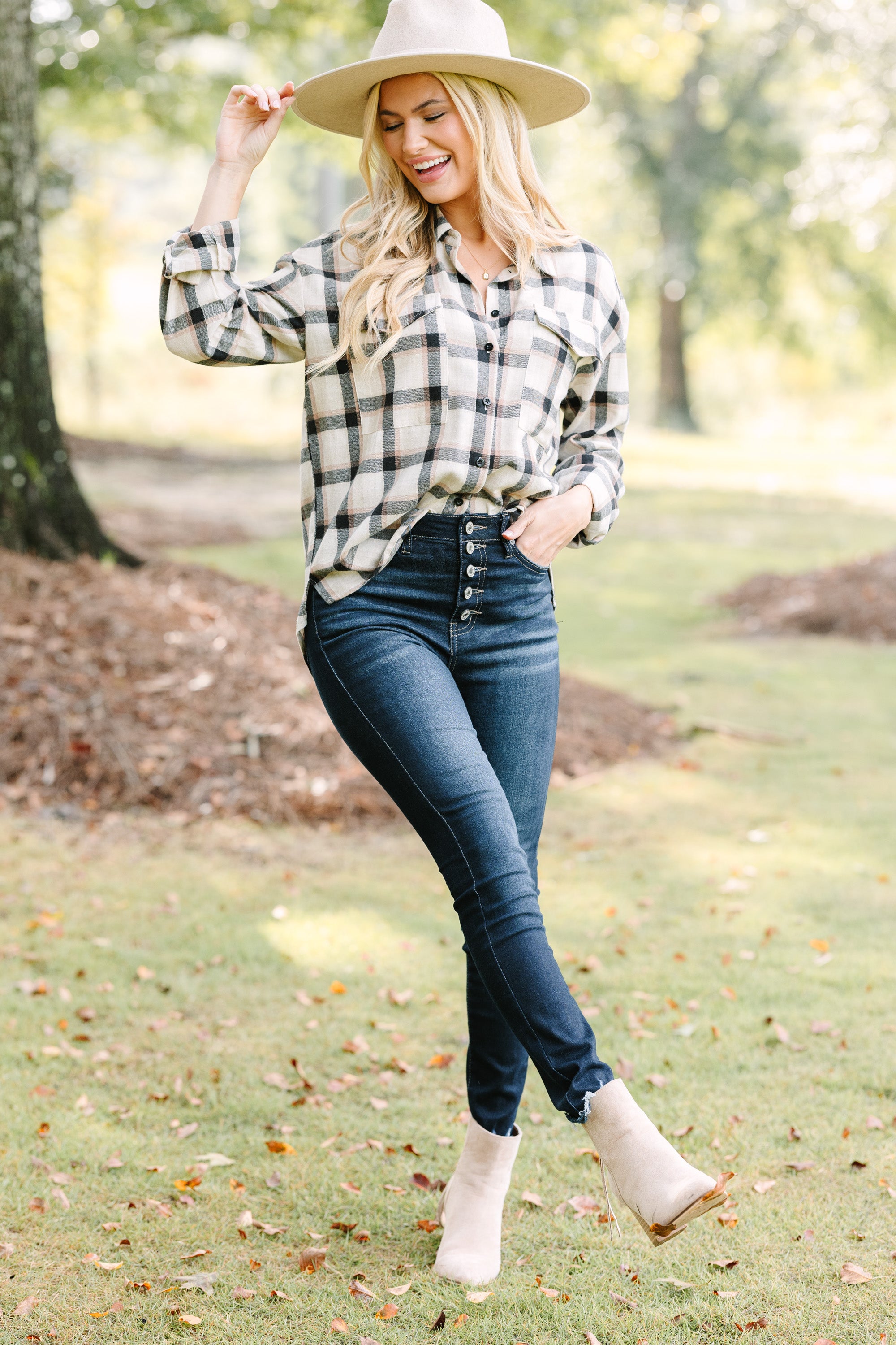 Stylish Tan Brown Plaid Button-Down Shirt for Women - Casual Office Wear & Autumn Layering
