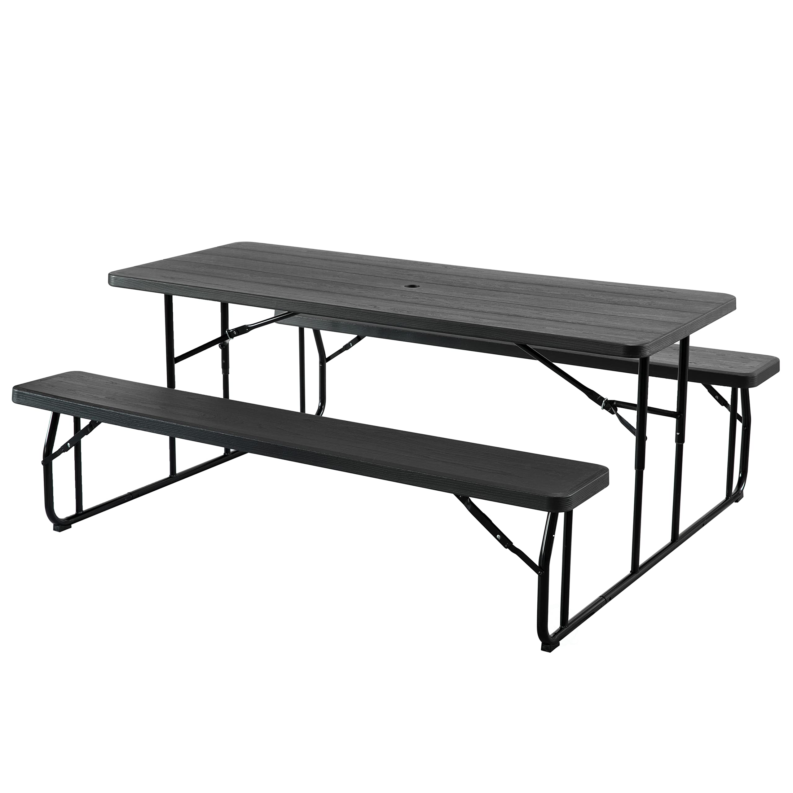 Gardenised 6 Ft Black Outdoor Foldable Picnic Table Set with Woodgrain Finish & Metal Frame - Perfect for Backyard BBQs, Camping, and Patio Dining (QI004269.BK)