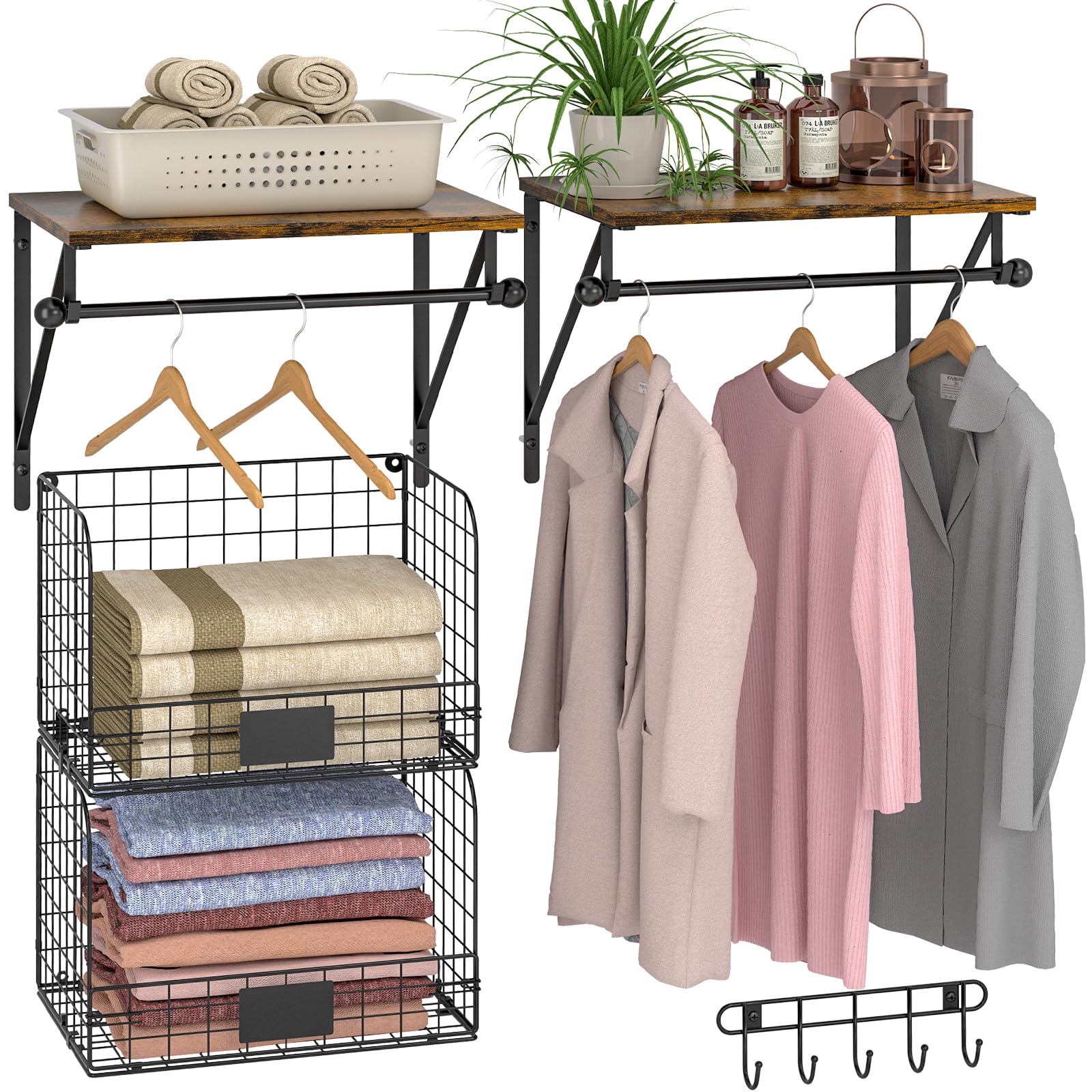Wall Mounted Laundry Shelves with Wire Baskets - Wood & Metal Storage for Washer Dryer Area