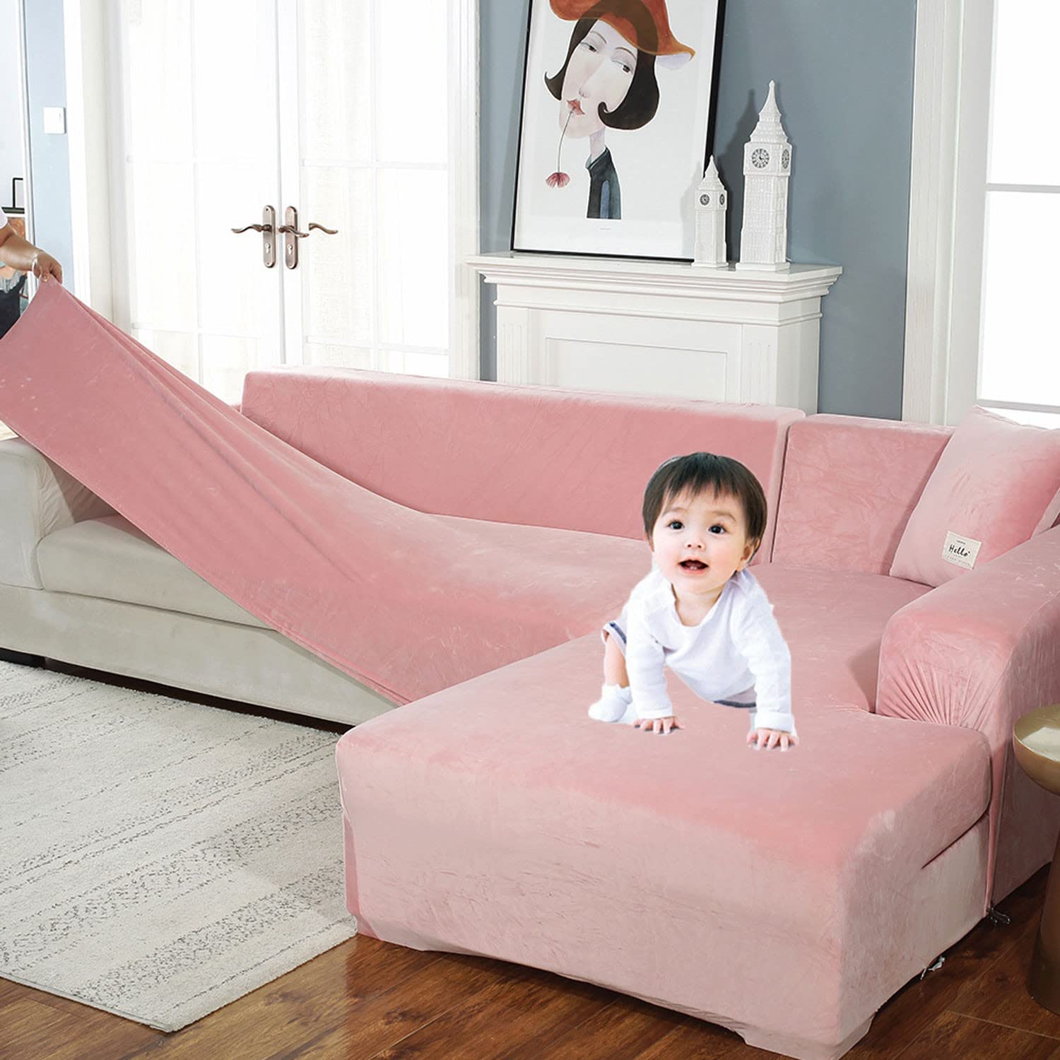 Stretch L-Shaped Sectional Sofa Slipcover - 5+5 Seat Couch Cover for Pets & Kids, Furniture Protector for Living Room (Pink) - Perfect for Family Gatherings, Pet-Friendly Homes & Modern Living Rooms