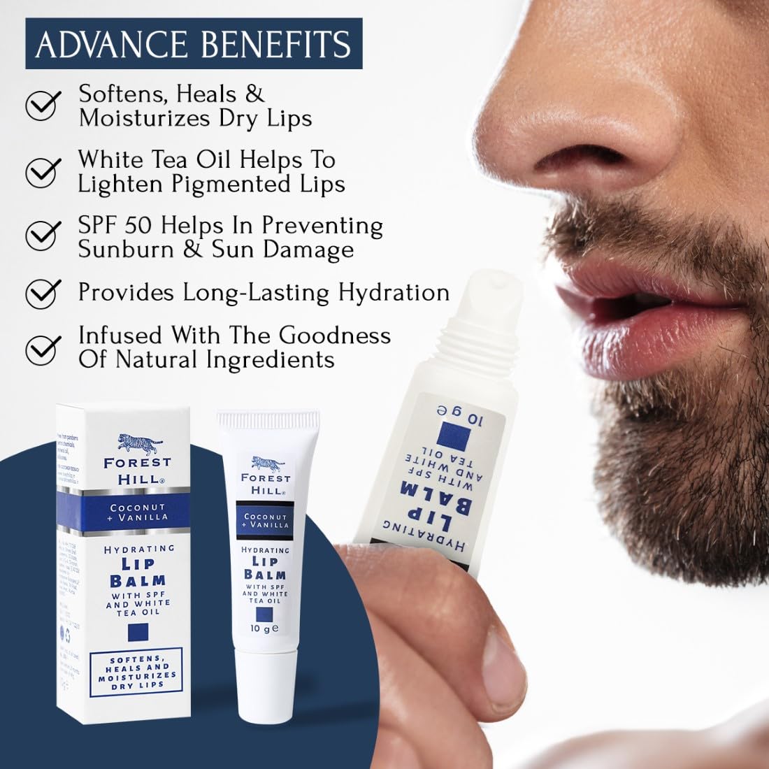 Forest Hill SPF 50 Lip Balm for Men - Coconut Oil, Avocado Butter & White Tea Infused - Heals Dry, Chapped & Cracked Lips - 10g Moisturizing Lip Care - Perfect for Outdoor Activities, Hiking & Winter Protection