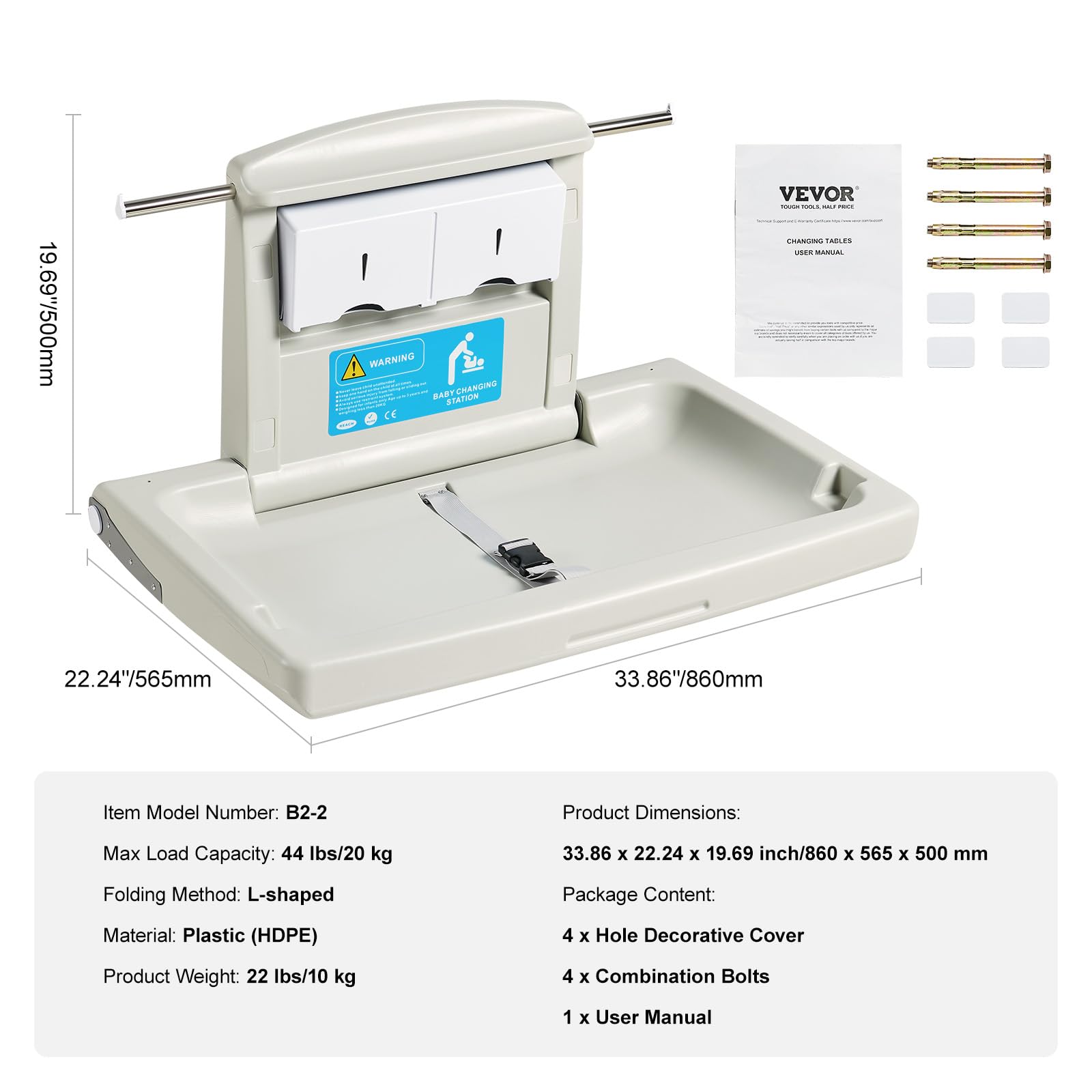 VEVOR Wall-Mounted Baby Changing Station - Foldable Diaper Changing Table with Safety Straps & Hanging Rods - Perfect for Commercial Bathrooms, Daycare Centers & Home Nurseries - Safe Infant Changing Solution for Newborns & Toddlers