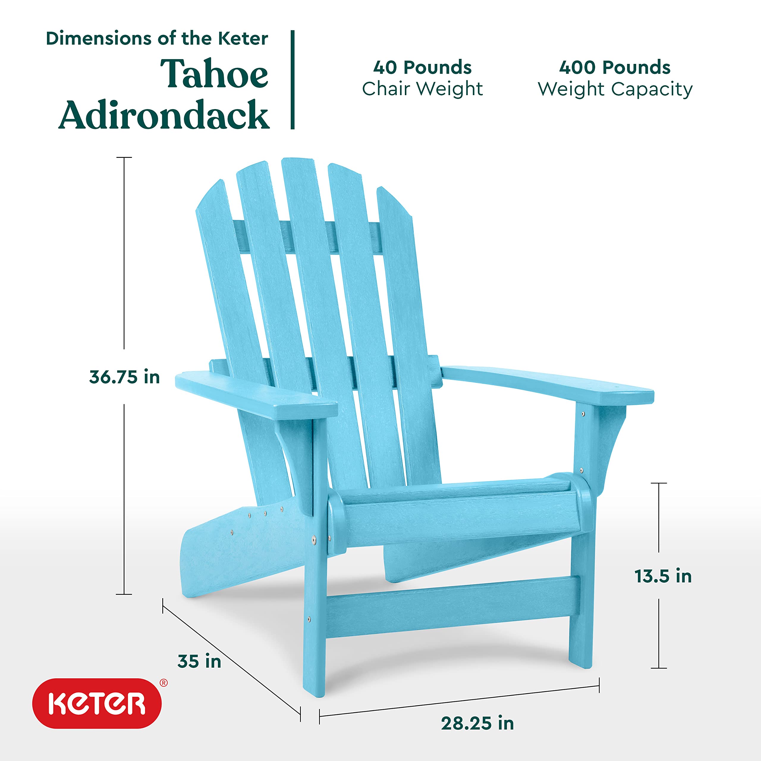 Keter Tahoe Adirondack Chair - Weatherproof Outdoor Furniture for Poolside, Patio & Fire Pit - Easy Assembly Durable Light Blue Chair - Perfect for Backyard Relaxation & Outdoor Entertaining