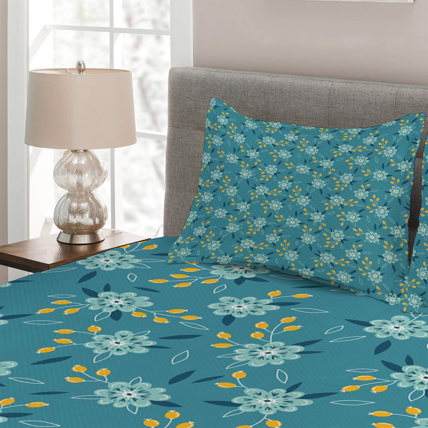 Ambesonne 3-Piece King Size Quilted Bedspread Set with 2 Pillow Shams - Spring Floral Design with Blooming Flowers & Retro Leaves in Teal & Earth Yellow | Perfect for Master Bedroom, Guest Room & Farmhouse Decor