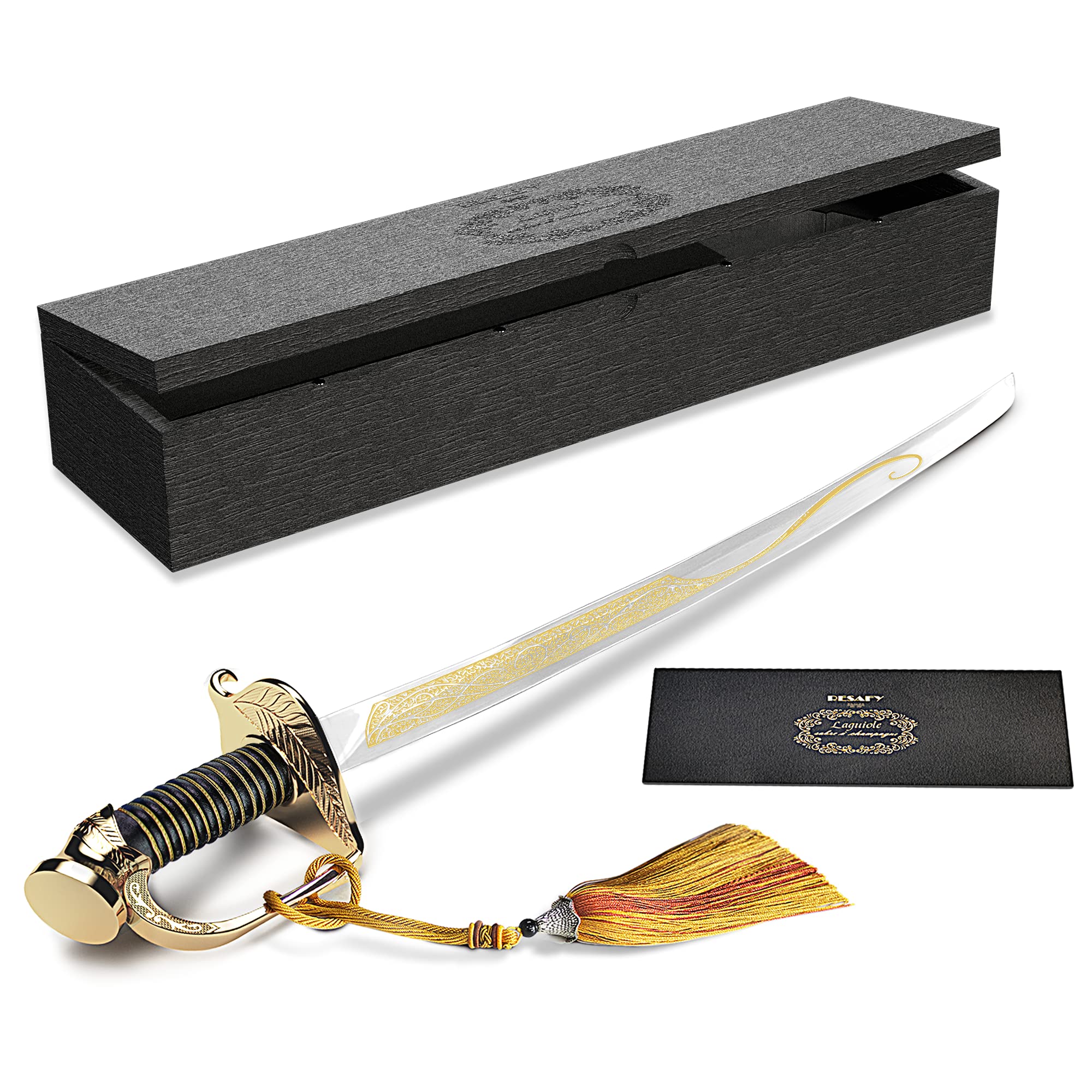 Golden Handle Champagne Saber with Wooden Gift Box - Pirate Sword Champagne Opener & Sparkling Wine Knife - Unique Saber for Opening Champagne Bottles - Perfect for Weddings, Parties, and Special Celebrations