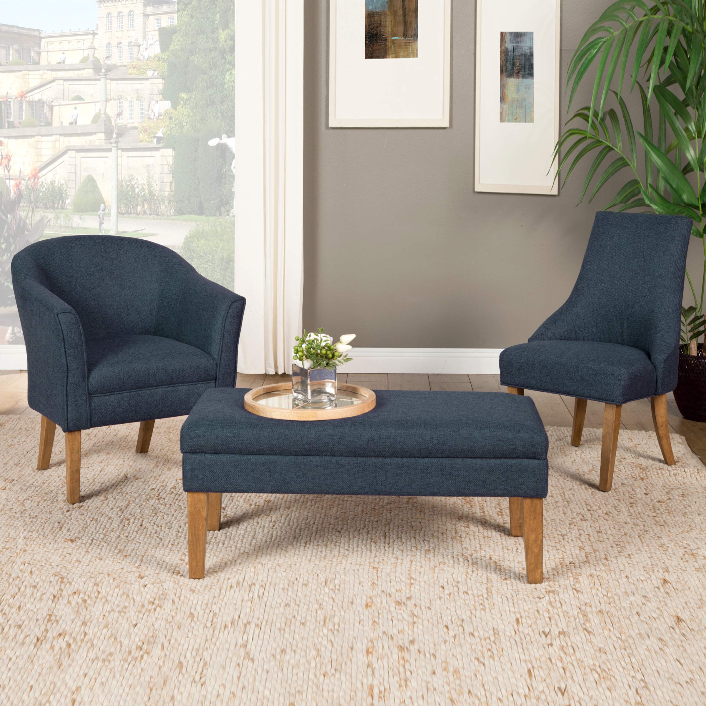 Homepop Upholstered Storage Ottoman Bench - Navy Woven Textured Decorative Furniture for Living Room & Bedroom | Multi-Functional Seat with Hidden Storage | Perfect for Extra Seating, Footrest & Home Organization