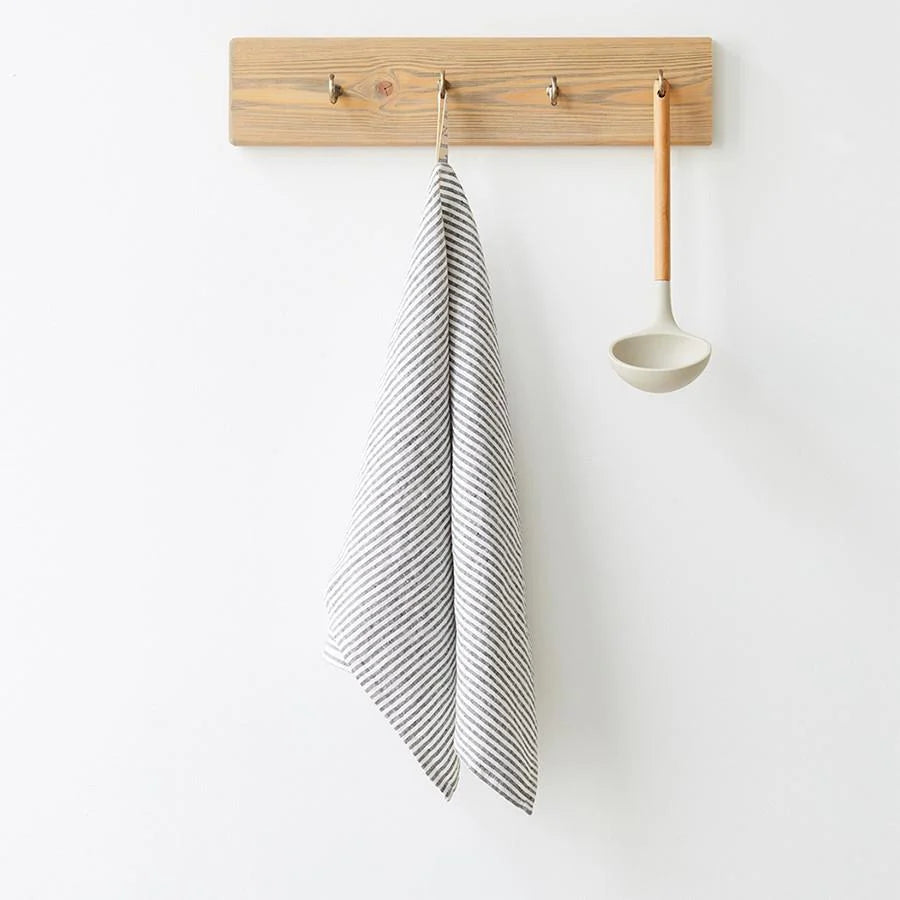 Premium 100% Linen Tea Towel with Thin Black Stripes - Soft, Absorbent & Durable Kitchen Towel for Dish Drying, Hand Wiping & Decor