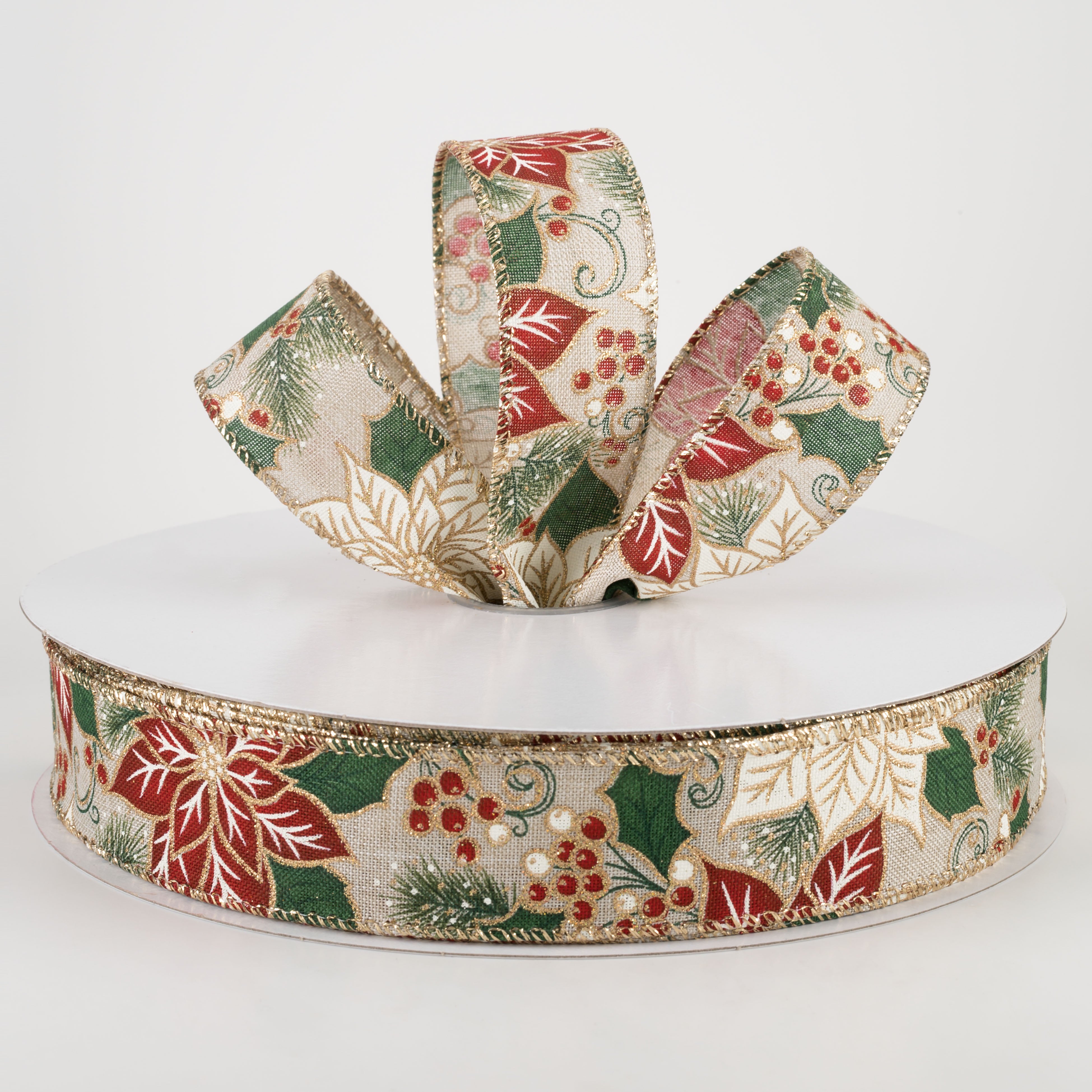 1.5 Inch Golden Edge Poinsettia and Holly Christmas Ribbon - 50 Yards Bulk Roll for Gift Wrapping, Tree Decorations, Holiday Crafts and Party Decor