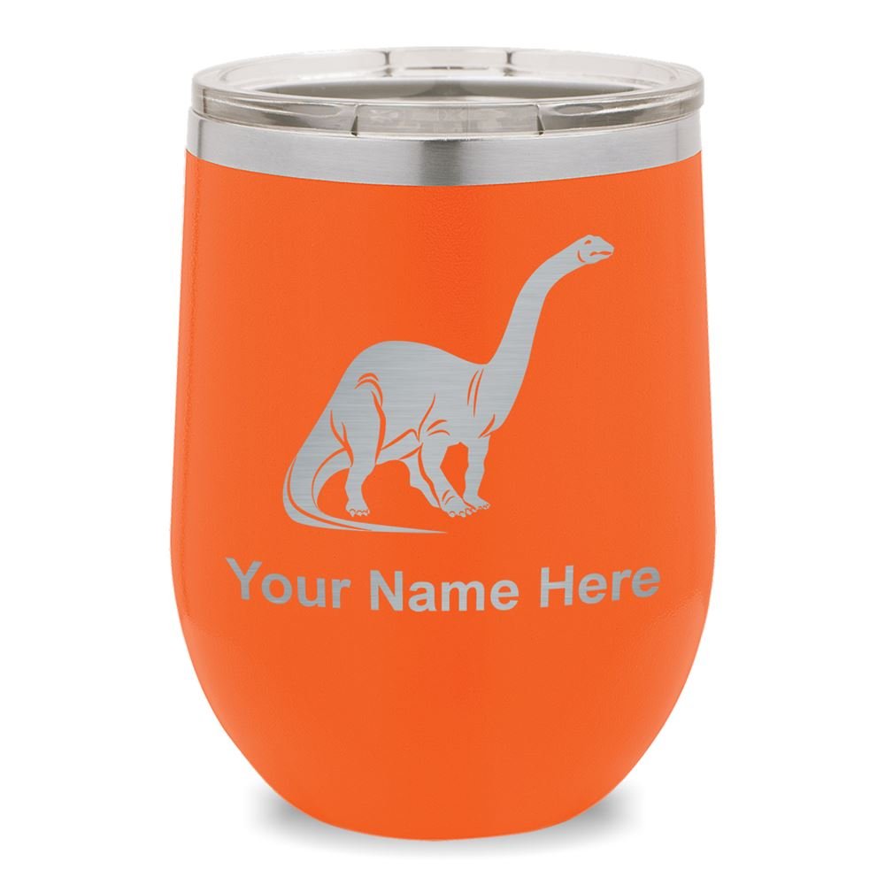 Personalized Brontosaurus Dinosaur Wine Glass Tumbler with Engraving - Orange Dinosaur-Themed Drinkware for Parties, Gifts & Home Decor