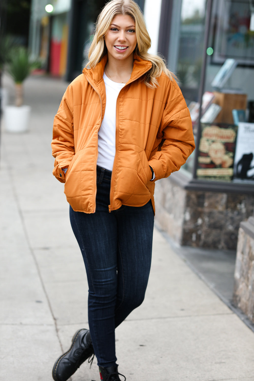 Butterscotch Quilted Puffer Jacket for Women - Warm Winter Coat with Stand Collar | Stylish Outerwear for Cold Weather, Outdoor Activities & Daily Commute