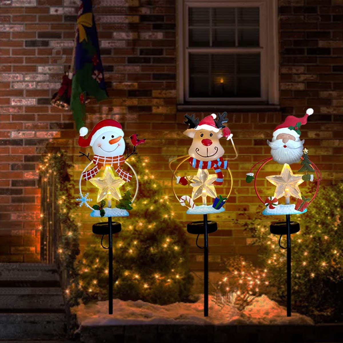 3 Pack Christmas Yard Stakes - Solar Powered Outdoor Garden Decor with LED Lights (Snowman/Santa/Reindeer) - Waterproof Metal Holiday Decoration for Lawn, Pathway & Winter Landscaping | Perfect for Christmas Party, Front Yard Decor & Seasonal Festivities