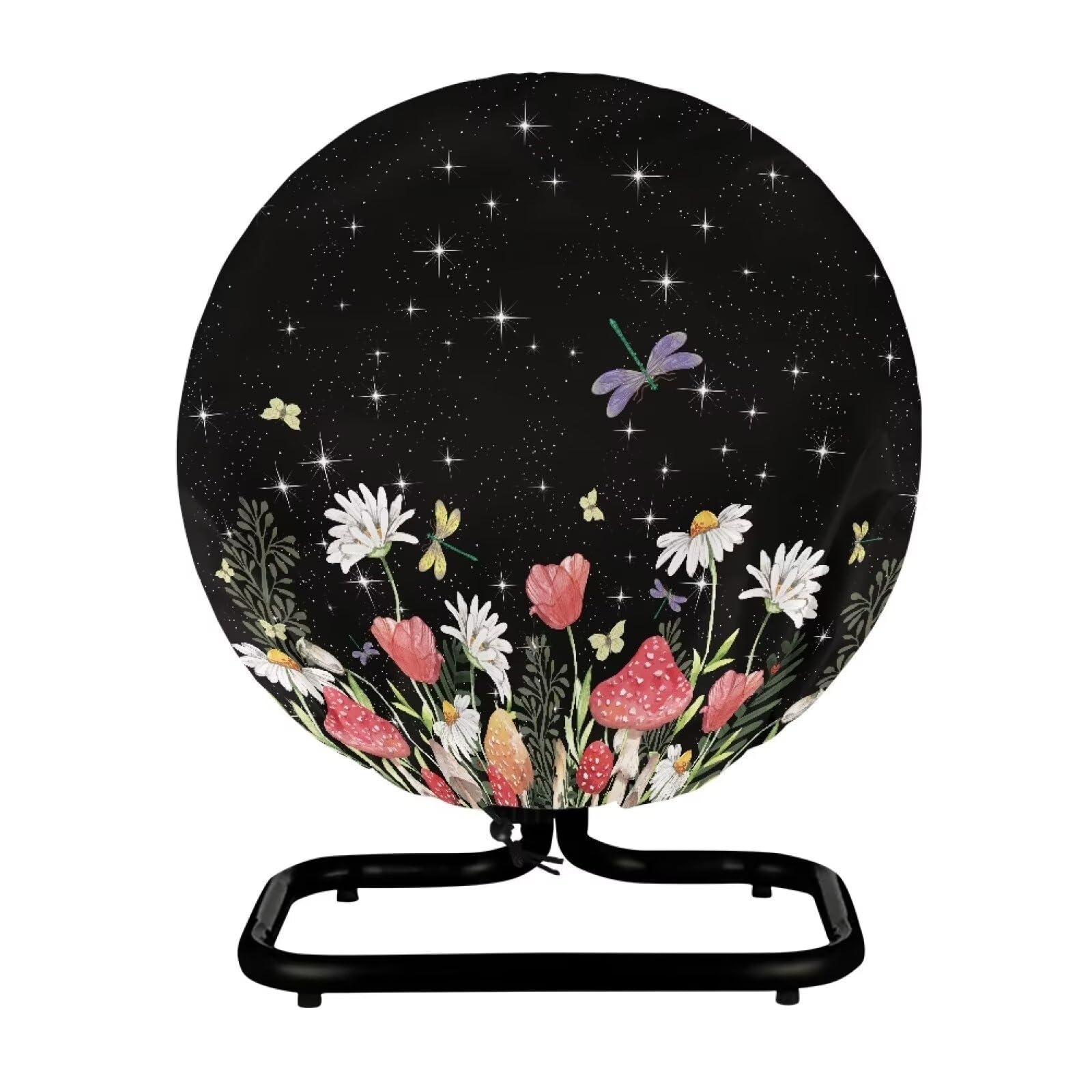 Waterproof Dustproof Industrial Outdoor Floor Fan Cover with Drawstring - Daisy Mushroom & Dragonfly Round Design for Patio, Garage, Workshop, and Poolside Use