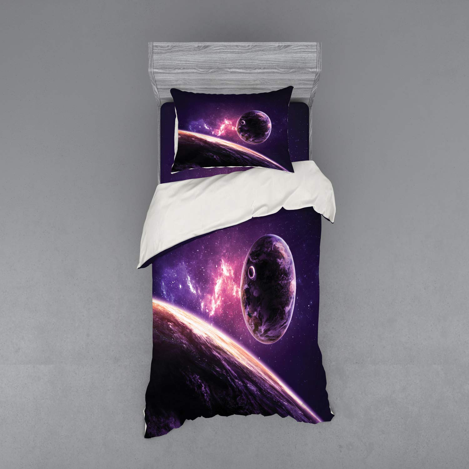 Ambesonne Galaxy Bedding Set - Twin Size 3-Piece Duvet Cover Set with Sham & Fitted Sheet, Purple Nebula Celestial Comet Astronomy Print in Magenta Mauve | Space Themed Bedroom Decor for Kids & Teens | Perfect for Astronomy Lovers & Sci-Fi Enthusiasts