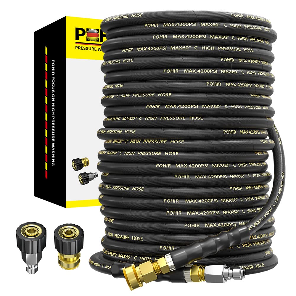 POHIR 100FT 3/8'' High Pressure Washer Hose - 4200 PSI Heavy Duty Wire Braided Car Wash Hose with 2 Quick Connect Kits (M22 14mm & 1/4 Inch) for Pressure Washers - Perfect for Washing Cars, Driveways, and Outdoor Cleaning