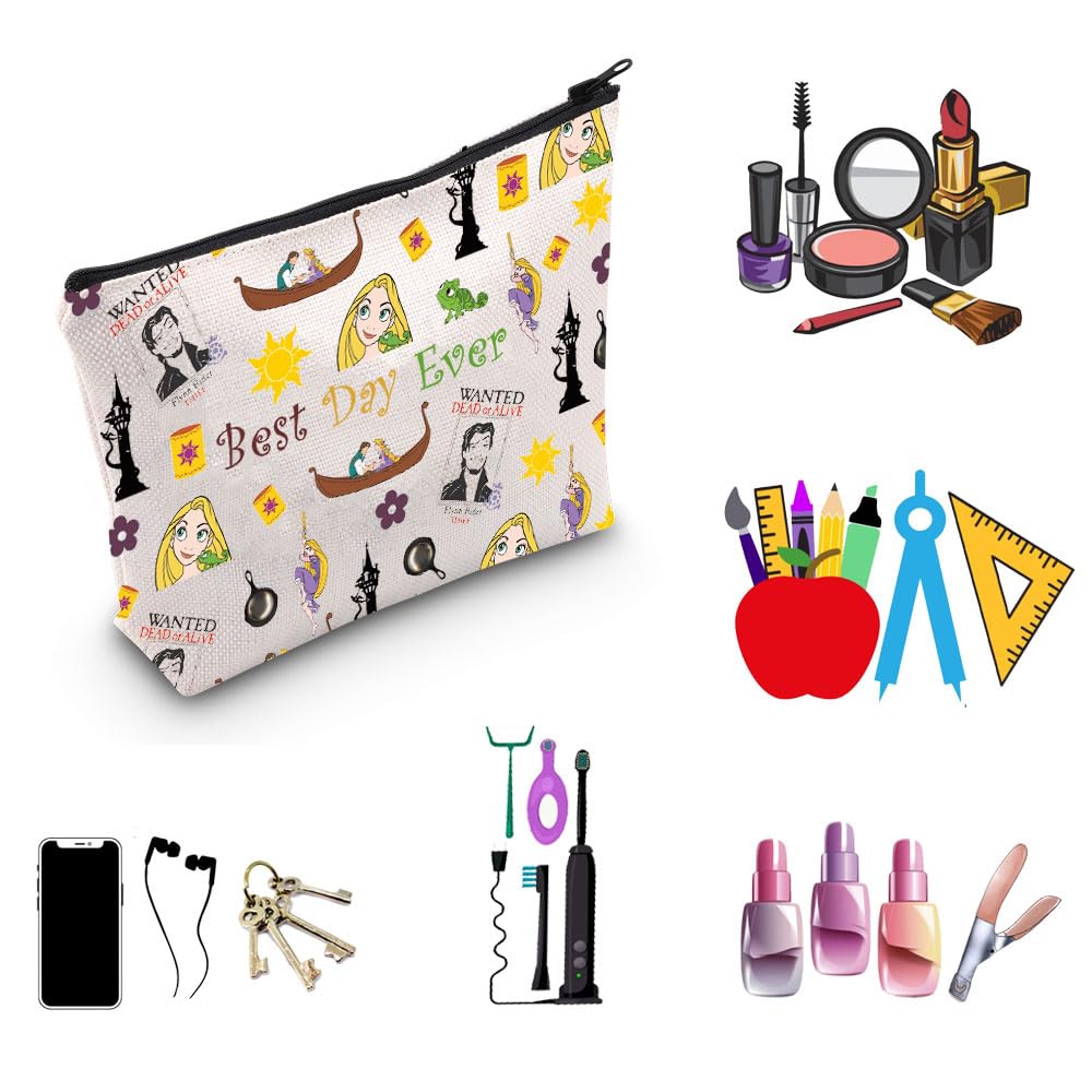 Tangled Movie Merchandise - Best Day Ever Makeup Bag for Disney Princess Rapunzel Fans, Long Hair Cosmetic Pouch - Perfect Gift for Birthday, Travel & Disney Theme Parties