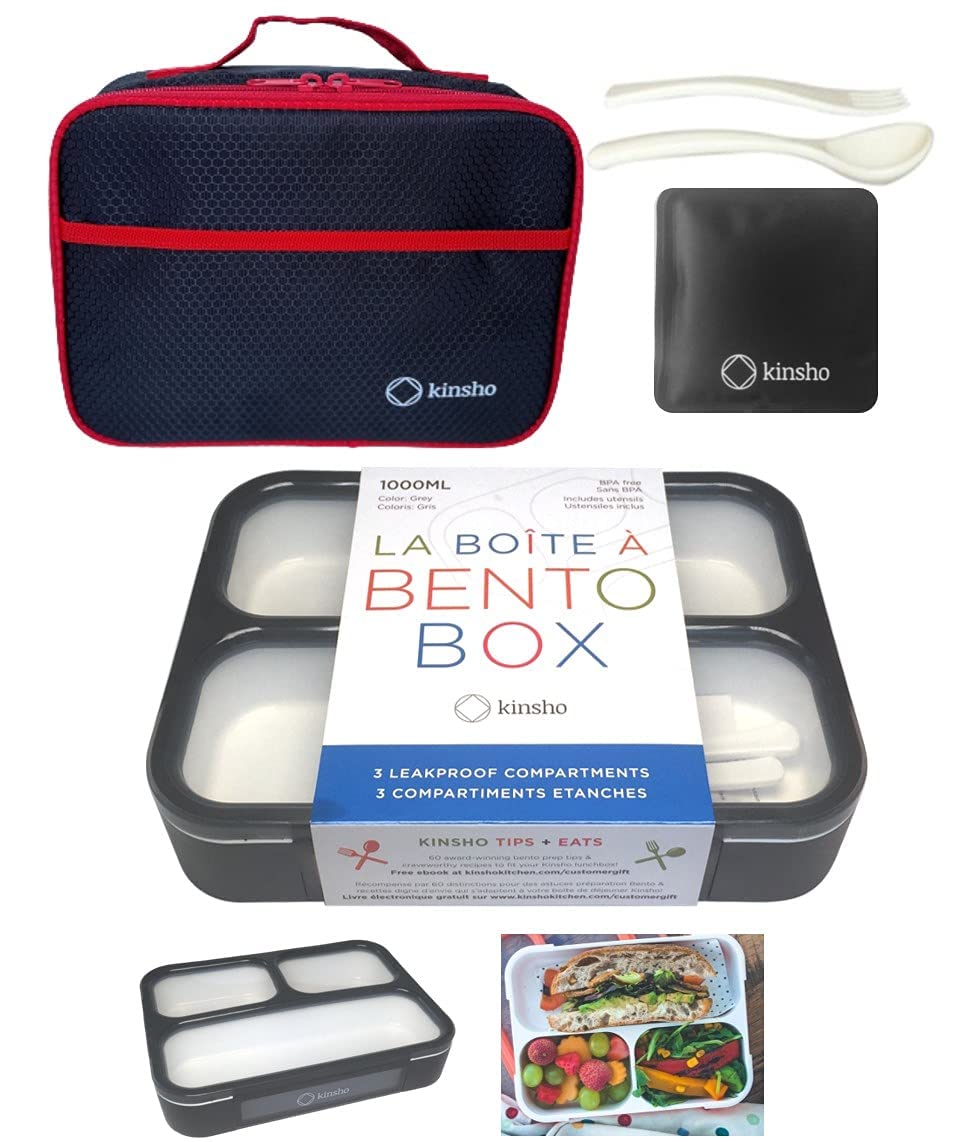 Insulated Bento Box with Lunch Bag & Ice Pack - 3 Compartment Leakproof Japanese Style Lunch Container for Kids & Adults - Perfect for School, Office, Picnics & Travel (Grey-Black)