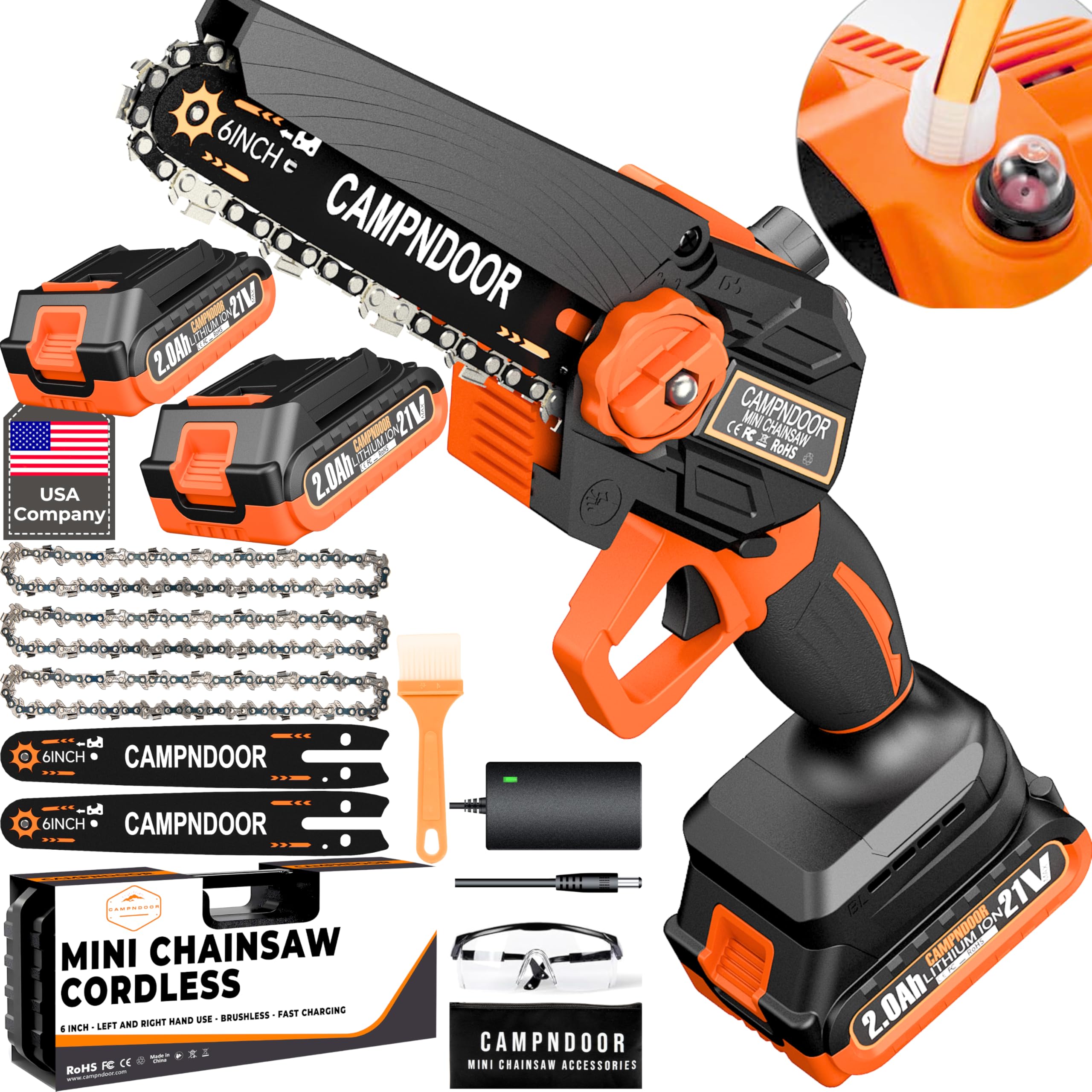 6 Inch Mini Chainsaw Cordless with 2x2000mAh Battery - Self-Oiling Handheld Electric Chainsaw - Lightweight Small Hand Saw for Wood Cutting, Tree Trimming, Branch Pruning & Garden Maintenance - Perfect for DIY Projects, Camping, and Yard Work