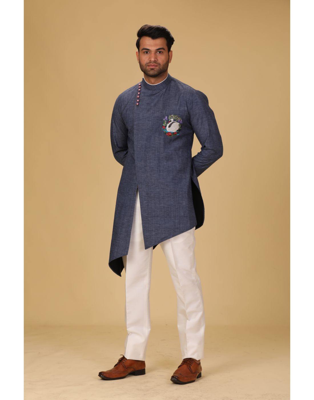 BluesnGreys Indigo Blue with Flamingo Print Designer Kurta Pant Set - Stylish Ethnic Outfit for Parties, Weddings & Festive Occasions