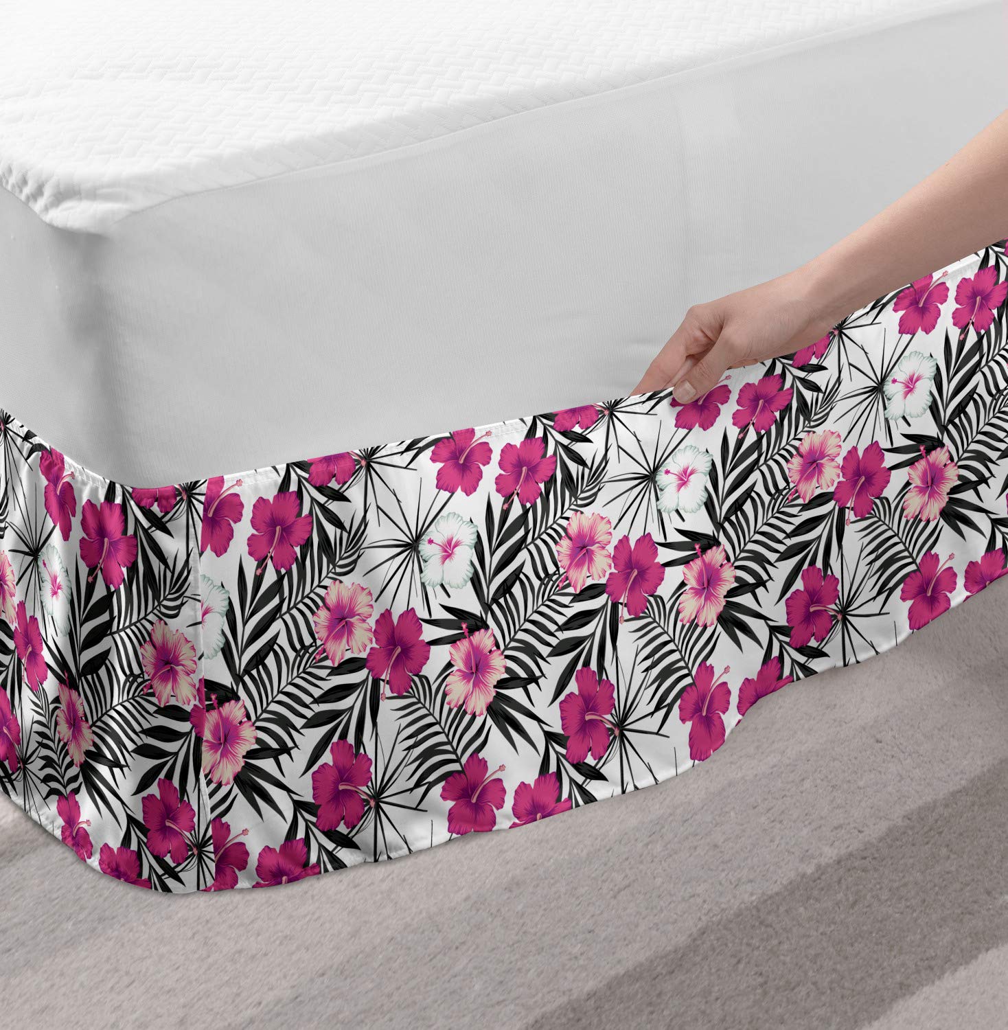 Ambesonne Tropical Bed Skirt - Pink & White Hibiscus Flowers on Leaf Pattern, Elastic Dust Ruffle Wrap Around Bed Skirt for Queen Size Beds, Charcoal Grey & Magenta - Perfect for Beach House Bedroom Decor & Tropical Themed Home Styling