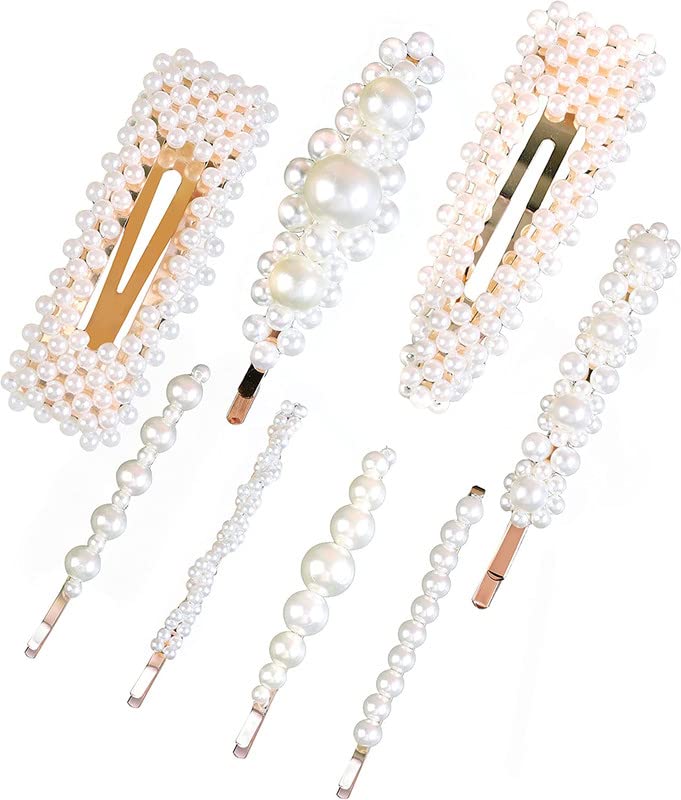 RECTYO GALLERY Set of 8 Elegant Pearl Hair Clips for Women & Girls - Handmade Hair Accessories, Barrettes & Snap Clips - Perfect for Weddings, Parties & Everyday Wear