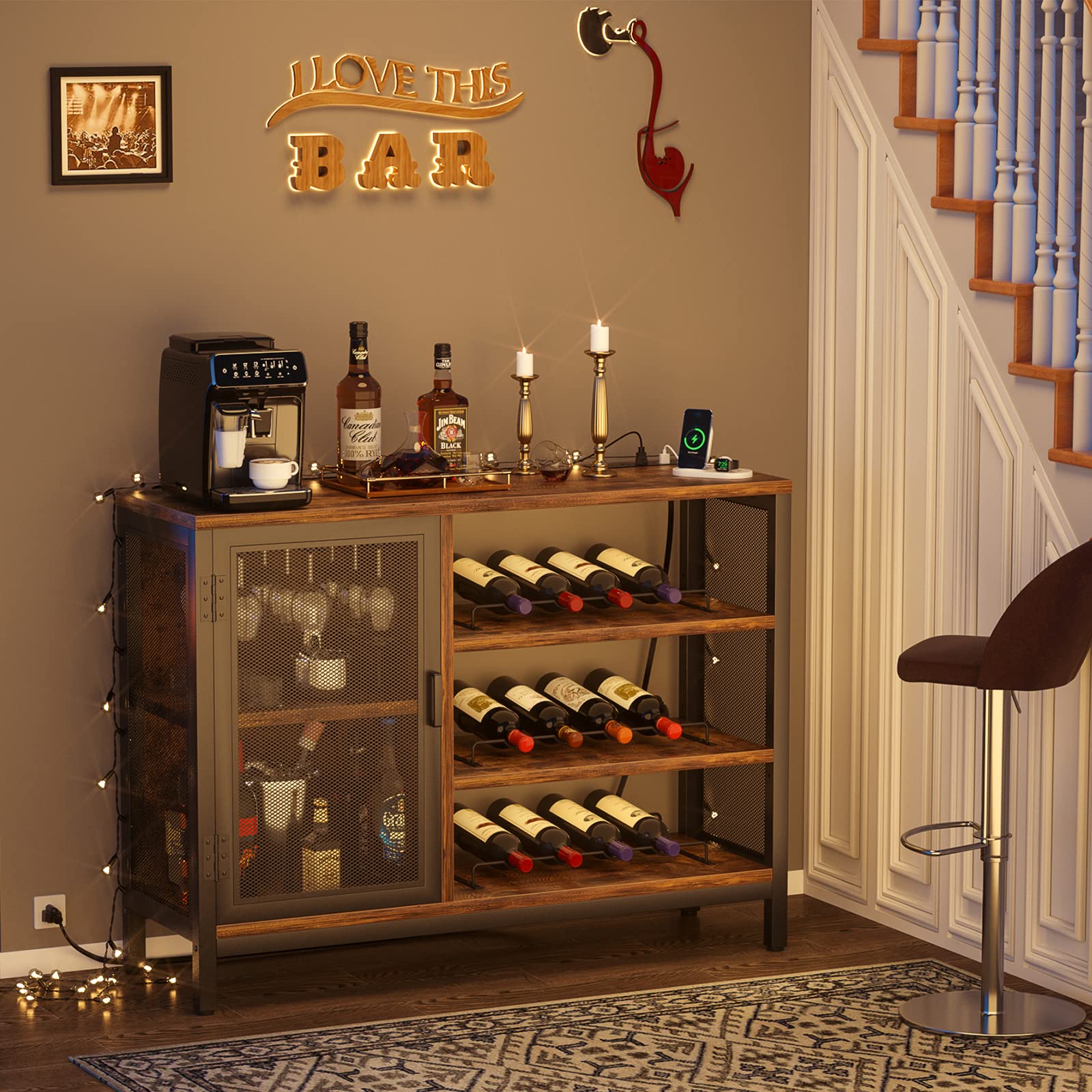Homieasy Industrial Wine Bar Cabinet with Power Outlets - Farmhouse Coffee & Liquor Storage with Removable Wine Racks & Glass Display - Rustic Brown Bar Cabinet for Kitchen, Dining Room or Home Bar Setup
