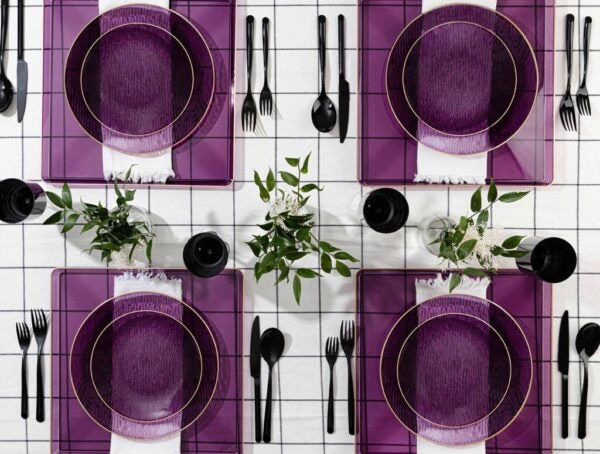 24 Pack Purple and Gold Rim Round Plastic Dinnerware Set - 12-Piece Service for 12 Guests - Shatterproof Disposable Plates for Parties, Weddings & Events - Elegant Icicle Design Tableware