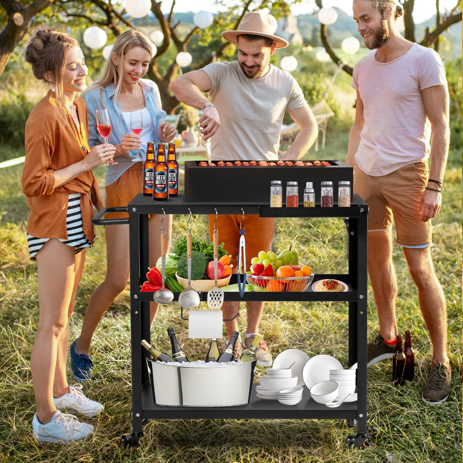 **Premium Outdoor Grill Cart Table with Pizza Oven - Heavy Duty Black BBQ Stand with 4 Locking Casters, Hooks & Side Handle - Perfect for Backyard, Patio & Camping Cooking**