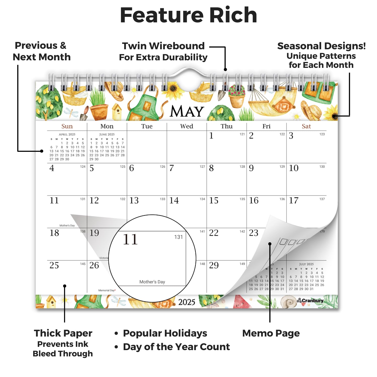 2025 CRANBURY 8x6 Inch Small Wall Calendar - Spiral Bound Mini Monthly Hanging Planner with Colorful Seasonal Designs | Perfect for Home, Office, Bulletin Board, Fridge & Desktop Organization | Includes Bonus Planner Stickers