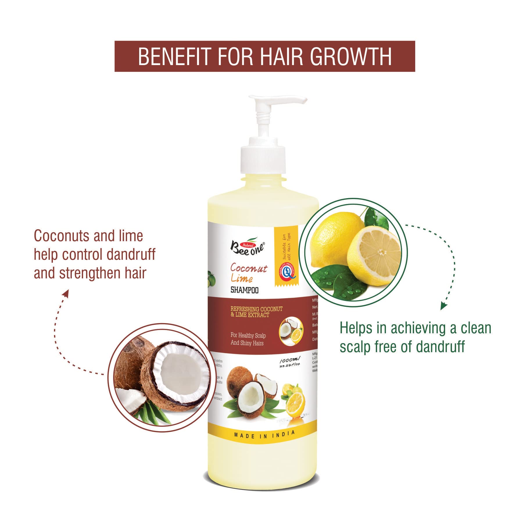 BEE ONE Coconut Lime Shampoo for Women & Men - 1000ml Sulfate-Free Hair Cleanser with Natural Oils - Hydrating & Volumizing for Dry, Damaged Hair - Perfect for Daily Use & Salon-Quality Results at Home