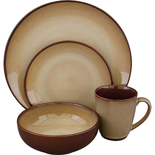 16-Piece Brown Dinnerware Set for 4 - Farmhouse Style Round Plates & Bowls - Dishwasher & Microwave Safe - Perfect for Casual Dining, Family Meals & Entertaining