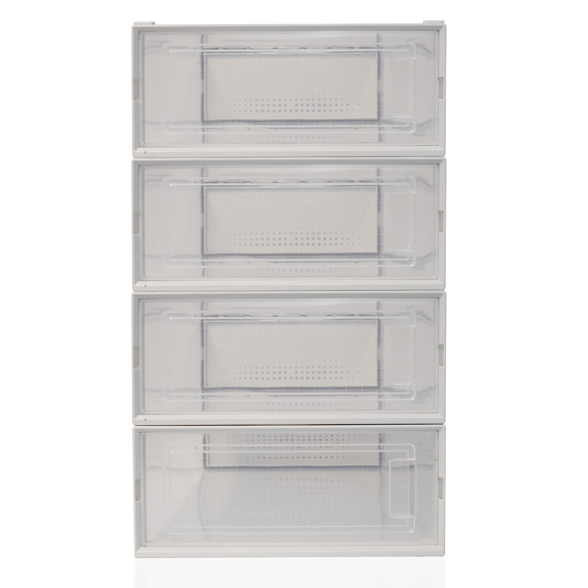 4 Pack Clear Plastic Stackable Shoe Storage Bins - Foldable Drop Front Boot Organizer Box with Breathable Frame for Closet Organization | Perfect for Boots, Sneakers & Seasonal Shoe Storage (White)