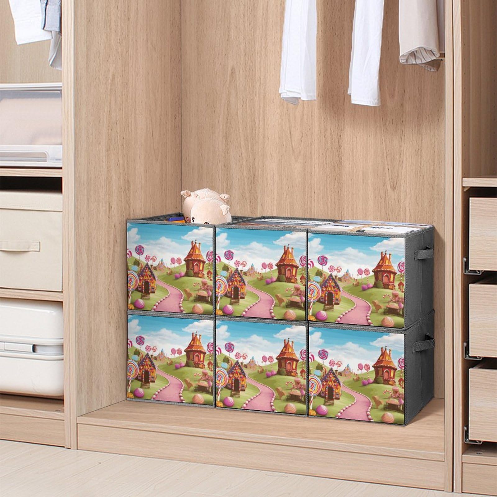 6-Piece Foldable Storage Bins with Handles - Candy Land Printed Large Capacity Storage Boxes for Playroom, Office & Home Organization | Perfect for Toys, Books & Clutter Control