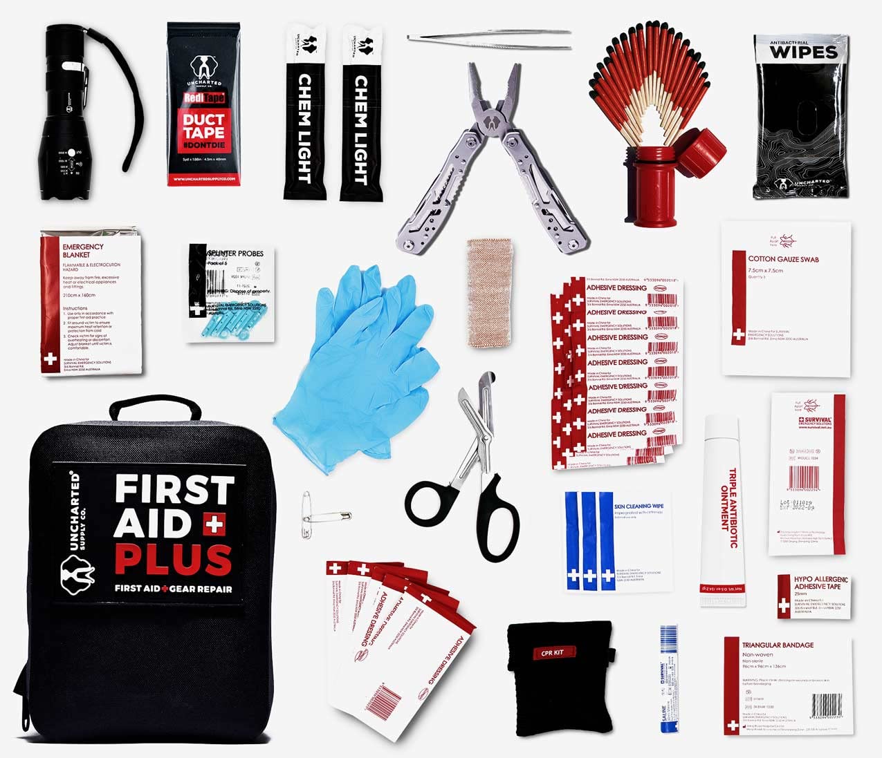 Uncharted Supply Co. First Aid Plus Kit - Waterproof Emergency Medical Bag for Travel, Hiking, Camping, Car & Home - Survival Gear with Essential Supplies & Tools - Black - Perfect for Outdoor Adventures & Emergency Preparedness