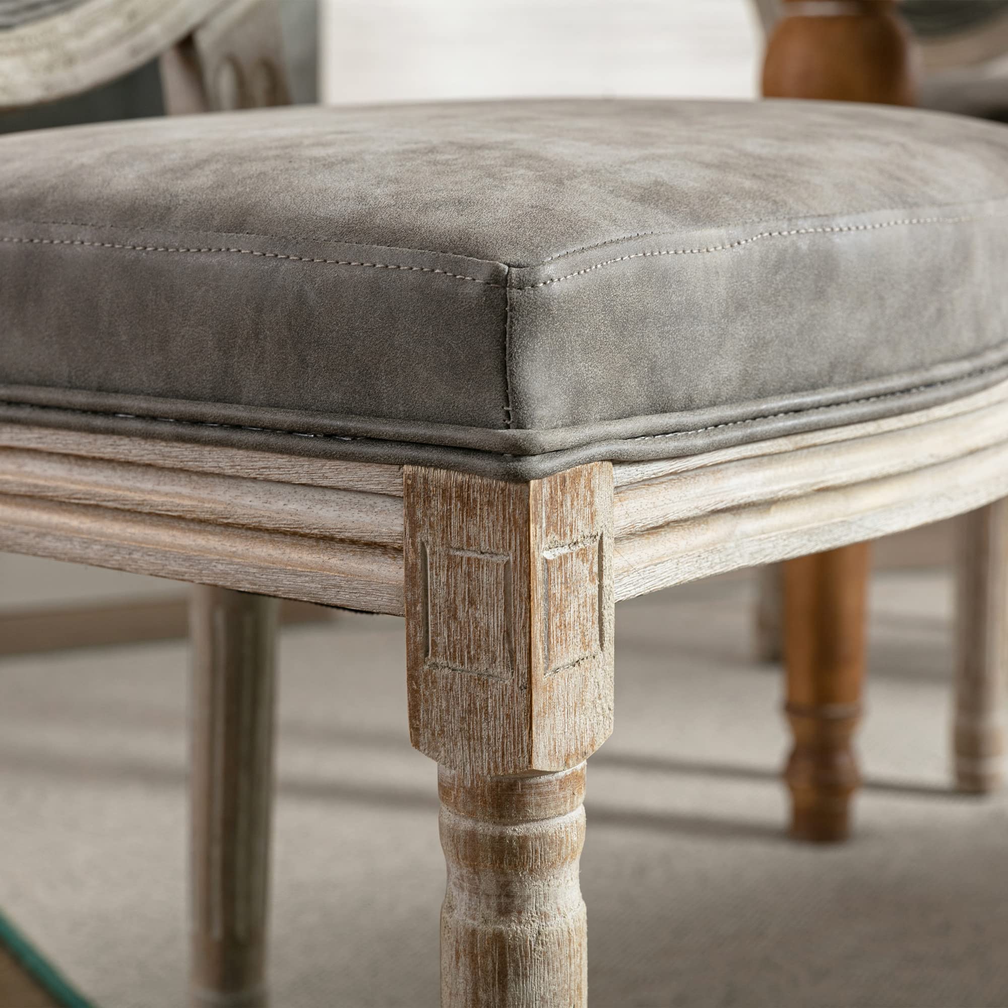 Farmhouse Leather Dining Chairs Set of 4 - French Country Round Back Bistro Chairs with Wooden Legs for Dining Room, Kitchen, Living Room & Restaurant Decor | Perfect for Rustic Home, Cafe and Wedding Venue Settings (Grey)