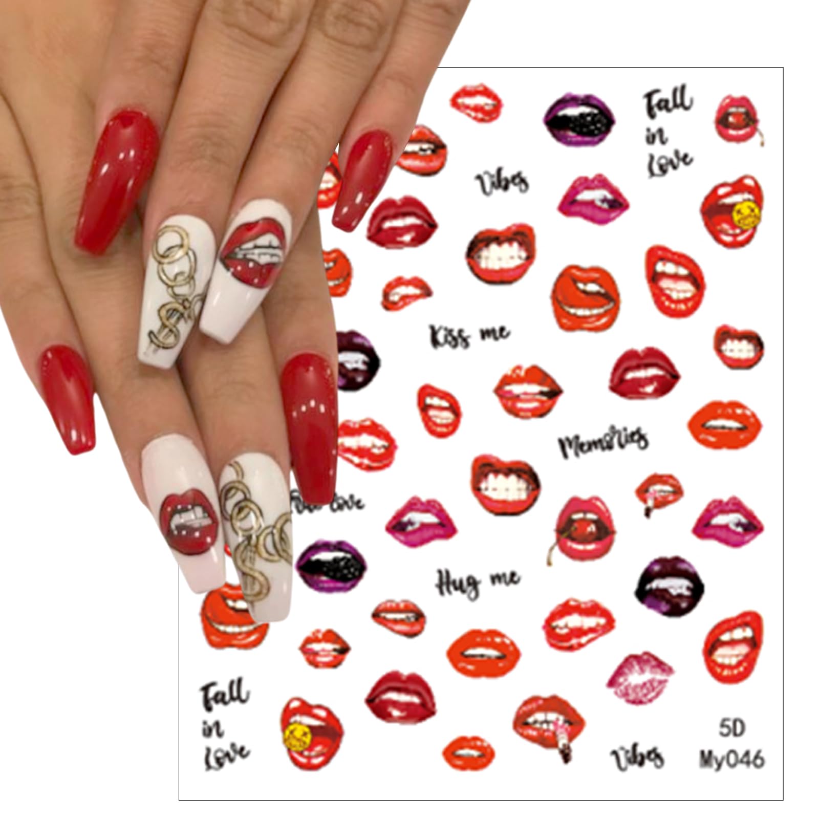 3D Embossed Valentine's Day Nail Art Stickers - 5D Self-Adhesive Lip Design Nail Decals for Women | Colorful Red Lips Nail Supplies & Accessories | Perfect for Valentine's Dates, Bridal Showers & Girls Night Out