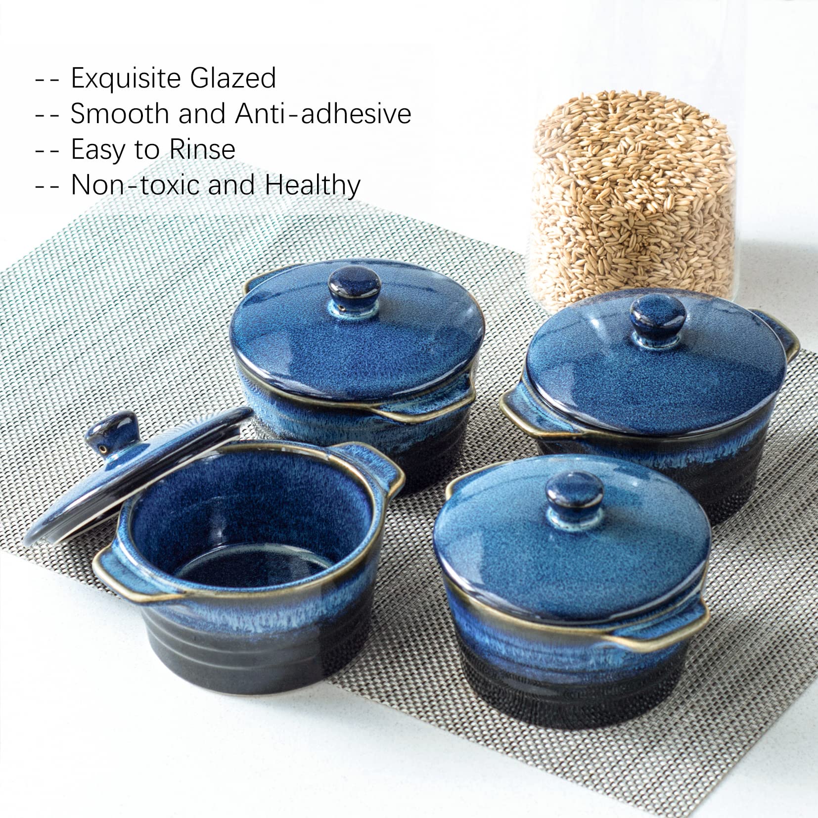 UNICASA 8 oz Ceramic Ramekins with Lids, Set of 4 Mini Casserole Dishes with Handles - Porcelain Baking Bowls, Oven-Safe Small Cocotte for Crème Brûlée, Soufflé, Desserts (Blue Reactive Glaze) - Perfect for Baking, Serving, and Meal Prep
