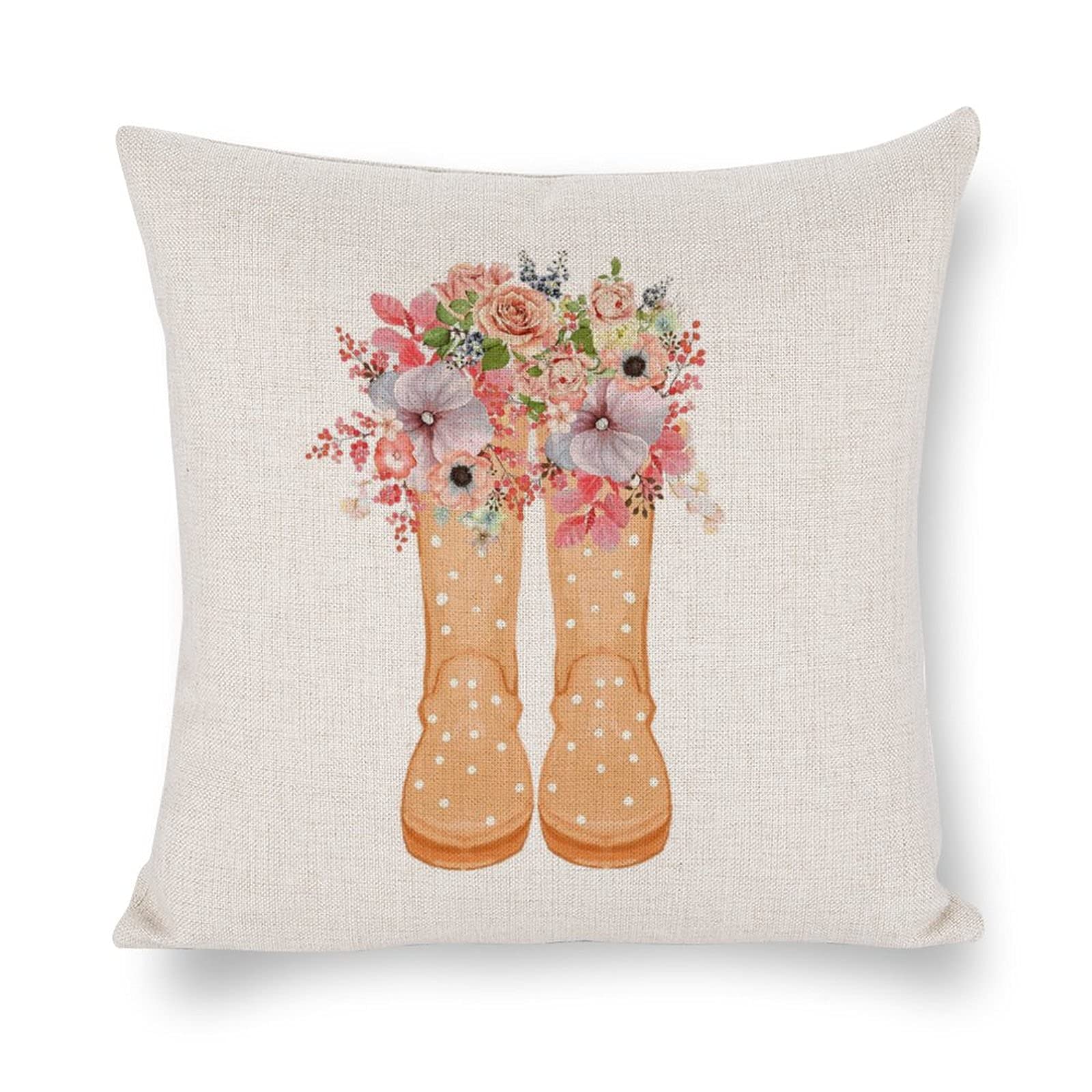 Orange Rain Boots Floral Cotton Pillow Cover - Spring Vintage Farmhouse Cushion for Sofa, Bed & Christmas Decor
