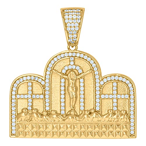 925 Sterling Silver Yellow Tone Men's CZ Cubic Zirconia Simulated Diamond Crucifix Last Supper Religious Pendant Necklace - Perfect Gift for Him, Ideal for Church, Weddings & Special Occasions