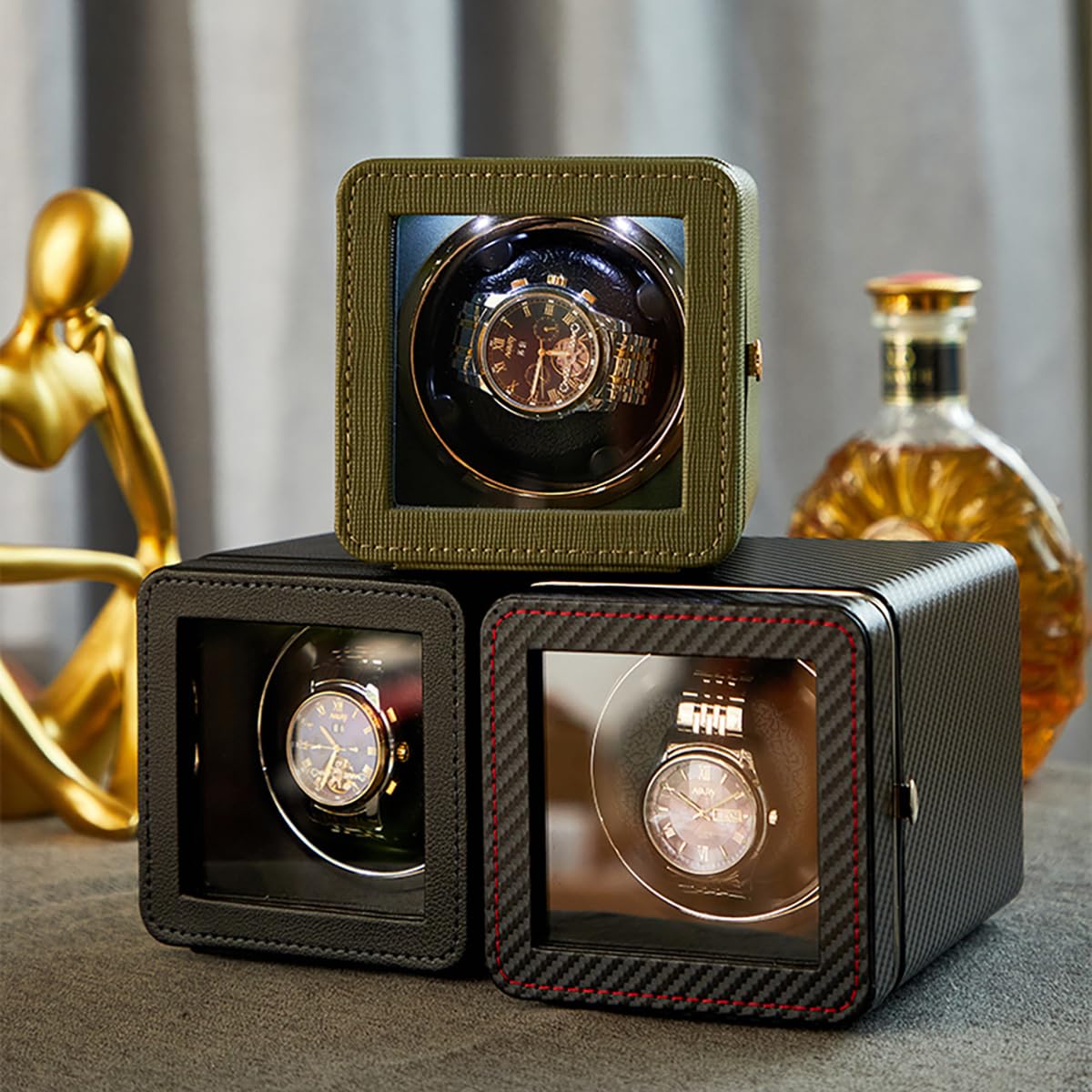 Premium Automatic Watch Winder with Japanese Brushless Silent Motor - Modern Leather Surface Design with Ambient LED Lighting - Perfect for Automatic Watch Storage & Display - Ideal Gift for Watch Collectors & Trendy Professionals (Black)