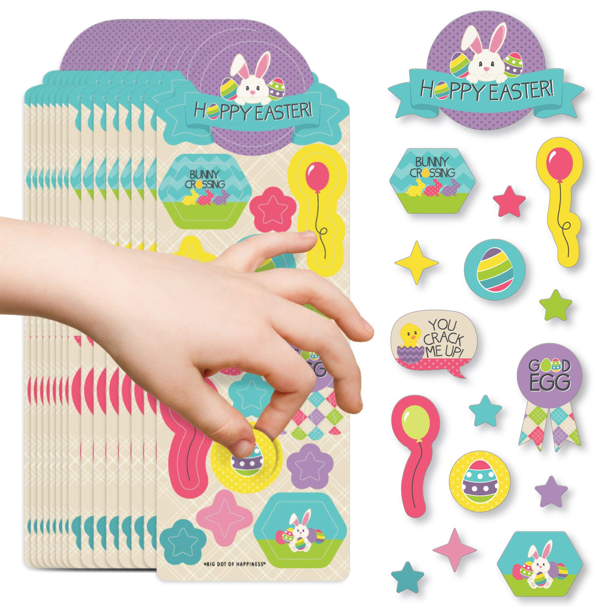 Big Dot of Happiness Hippity Hoppity Easter Bunny Stickers for Kids - 16 Sheets with 256 Adhesive Stickers - Perfect for Easter Party Favors, Classroom Rewards & Scrapbooking