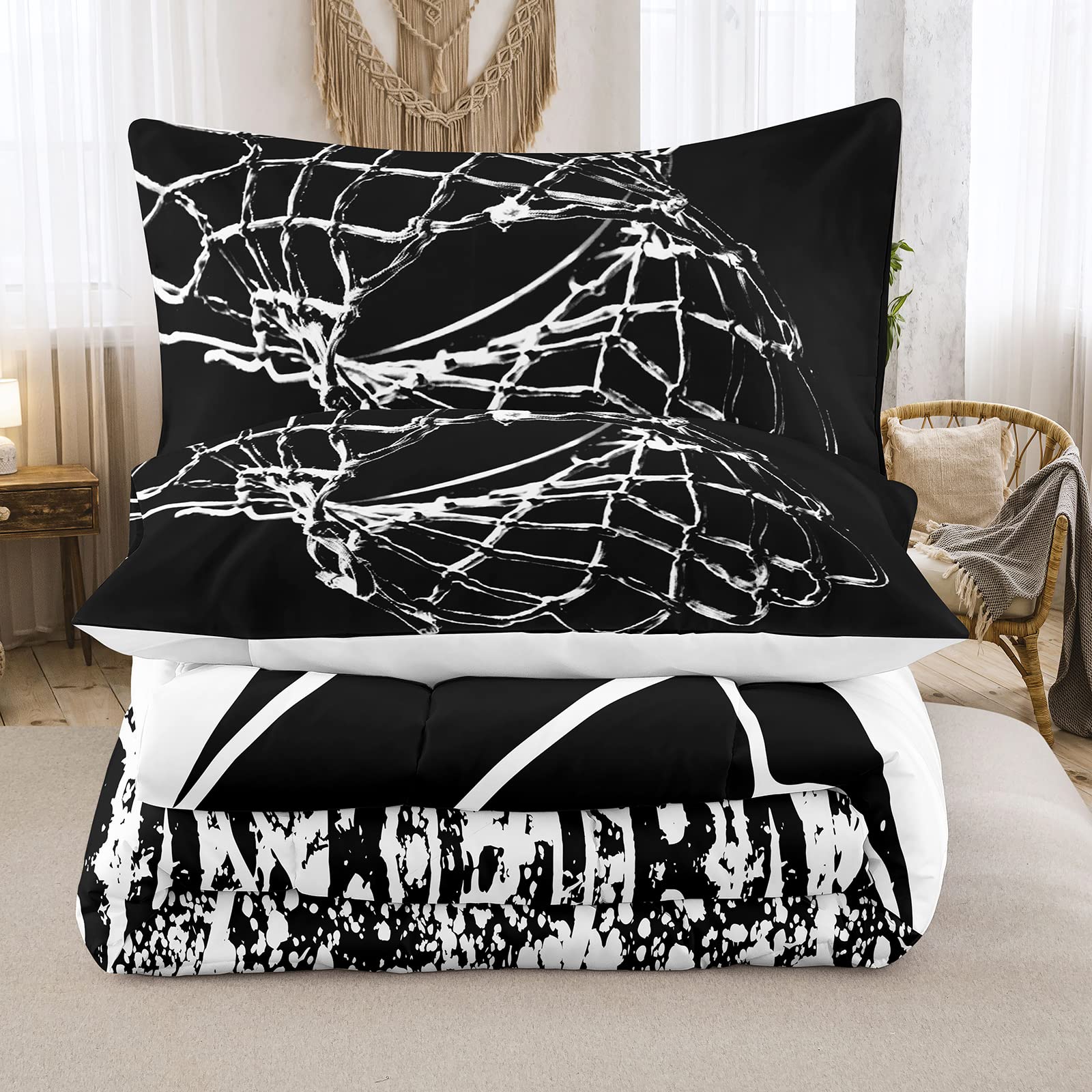 Basketball Print Comforter Set King Size - Black and White 3-Piece Bedding with 2 Pillowcases for Kids, Teens & Boys | Perfect for Sports-Themed Bedrooms, Dorm Rooms & Gift Ideas