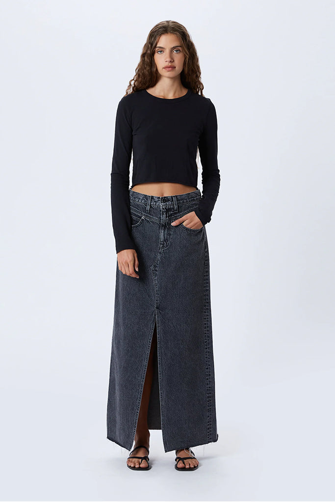 SLVRLAKE Dallas Double Yoke Maxi Skirt - Women's Vintage Denim Long Skirt with High Waist for Casual & Boho Style | Perfect for Summer Outfits, Music Festivals & Date Nights