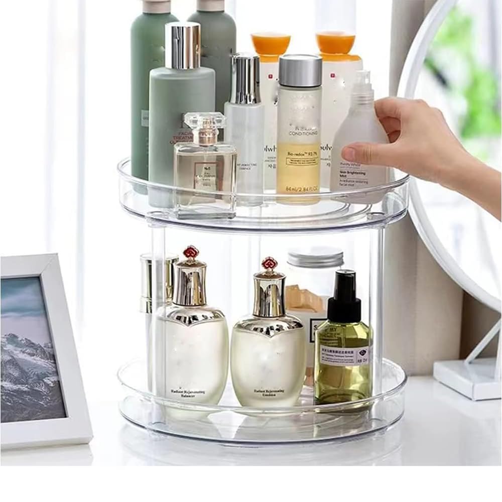 2-Tier Rotating Makeup Organizer with 360° Rotation - Clear Acrylic Skincare & Perfume Storage for Bathroom Vanity, Bedroom Dresser, and Kitchen Countertop (10.6 Inches)