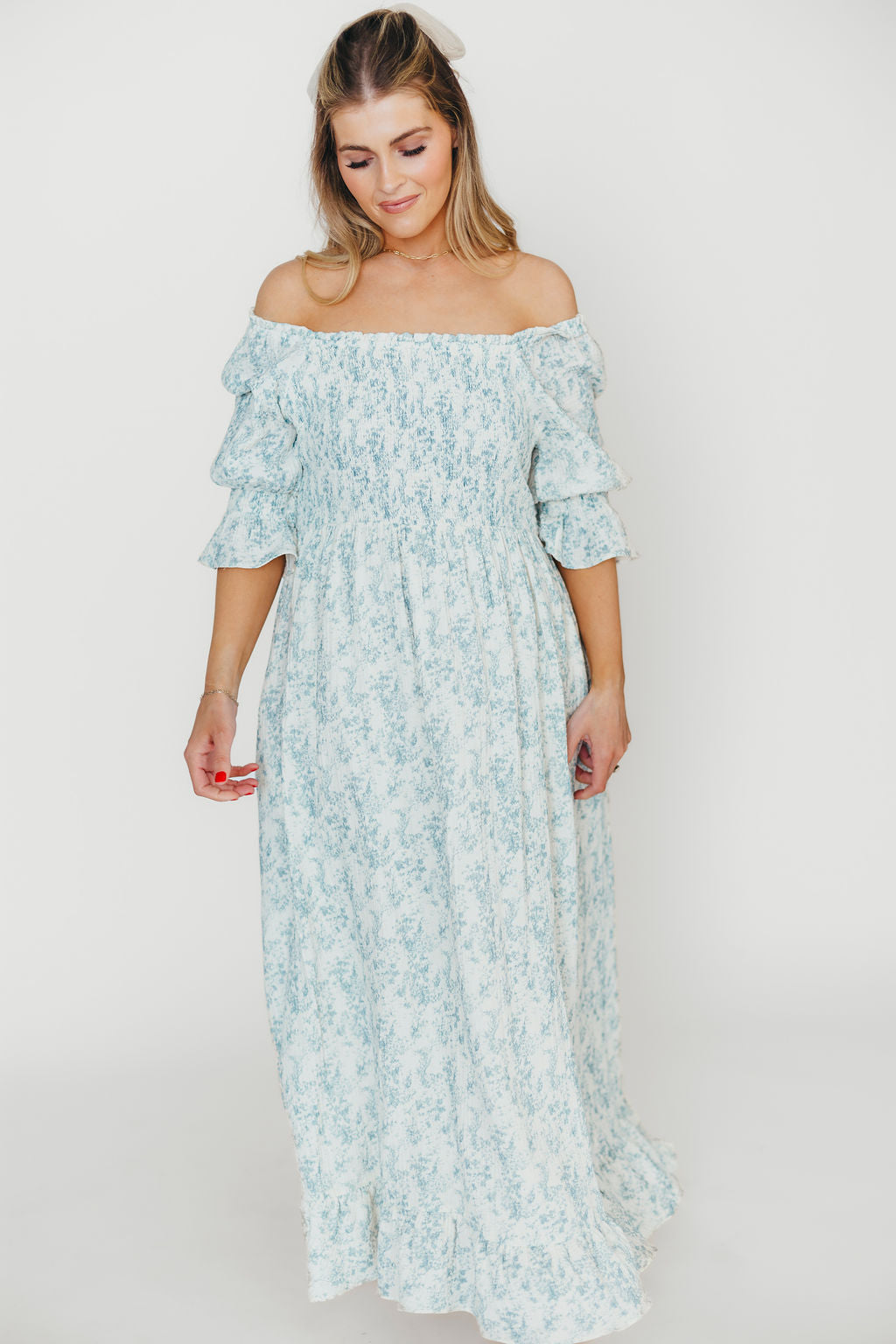 Sienna 100% Cotton Puff Sleeve Maxi Dress - Blue Floral Print Maternity Dress for Pregnancy | Bump Friendly, Comfortable & Stylish for Summer, Beach, Vacation & Special Occasions