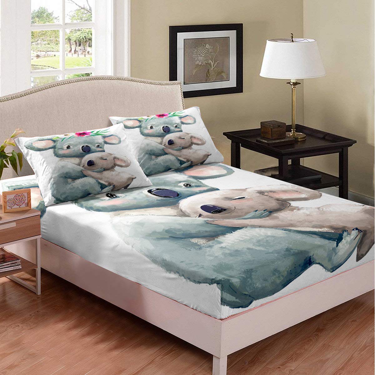 Cute Rabbit Fitted Sheet Set - Deep Pocket Grey Mouse Pattern Bedding for Kids Boys & Girls - Queen Size 1 Fitted Sheet with 2 Pillowcases - Soft Brushed Cotton Decor - Perfect for Nursery, Kids Room & Sleepovers