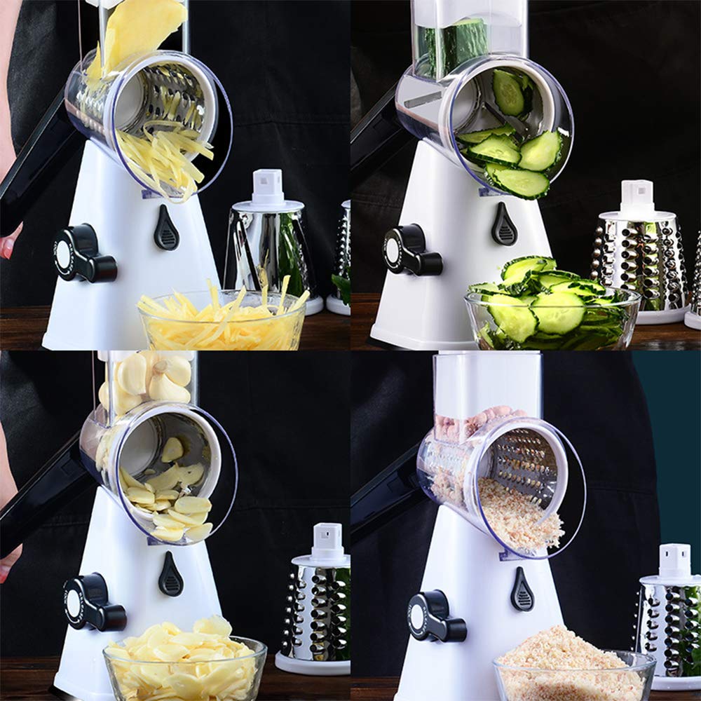 3-in-1 Rotary Cheese Grater & Vegetable Slicer Set with Interchangeable Blades - Stainless Steel Mandoline Slicer for Cheese, Nuts, Vegetables - Includes Free Peeler (White) - Perfect for Kitchen, Salad Prep & Party Platters